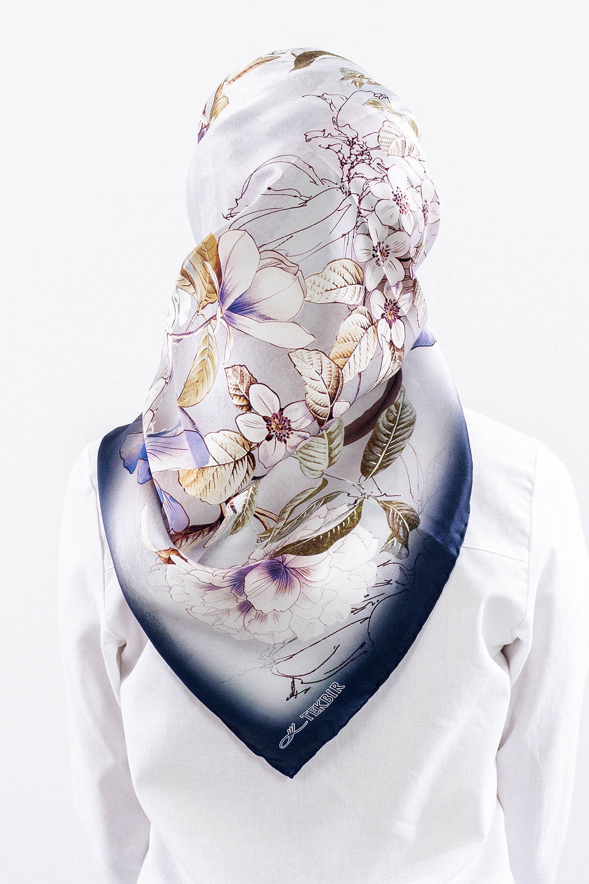 Dg14828 İpek Eşarp Cicek Dali Tvil Kumas - Ekru_lacivert - 4