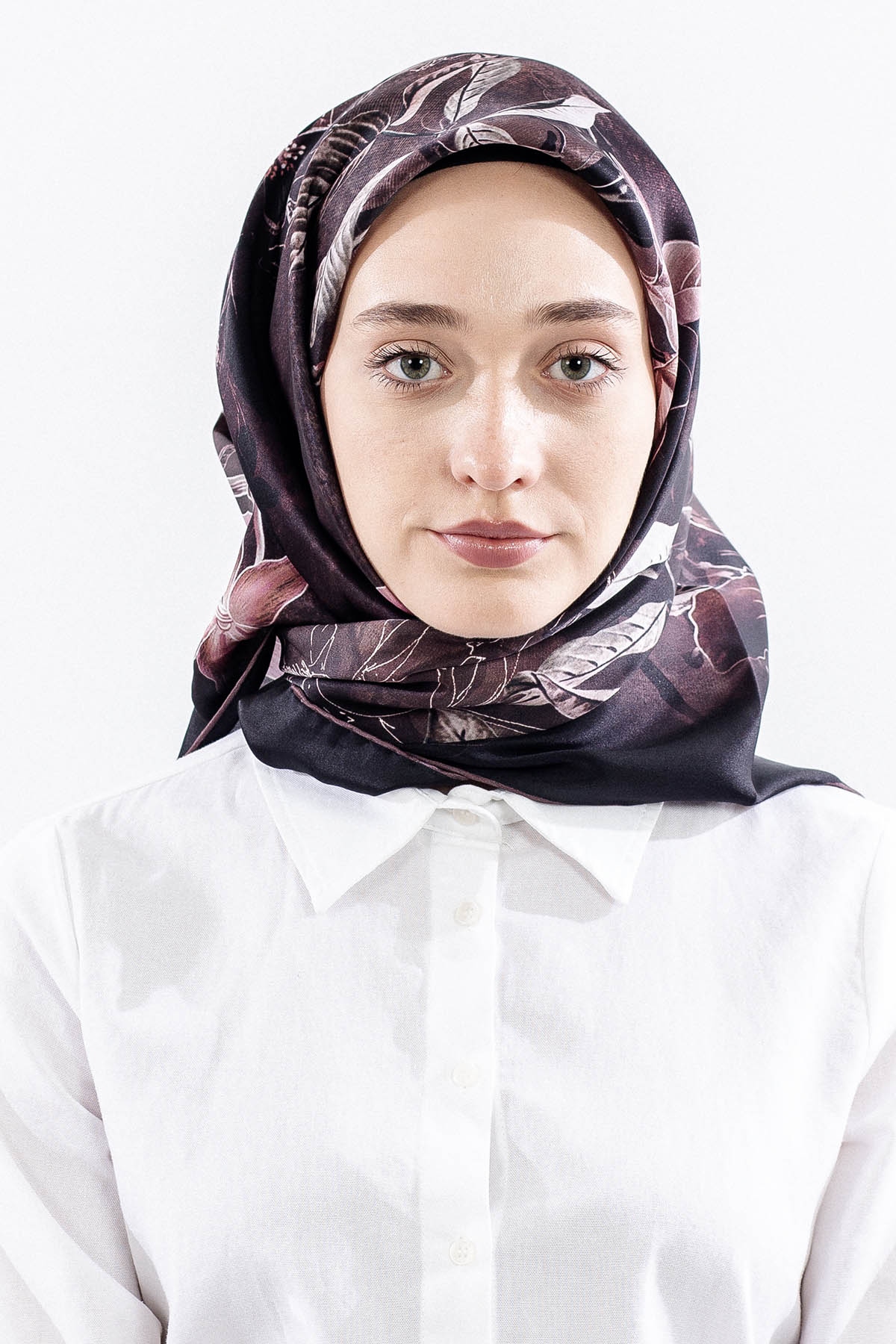 Dg14828 İpek Eşarp Cicek Dali Tvil Kumas - Kahve - 1