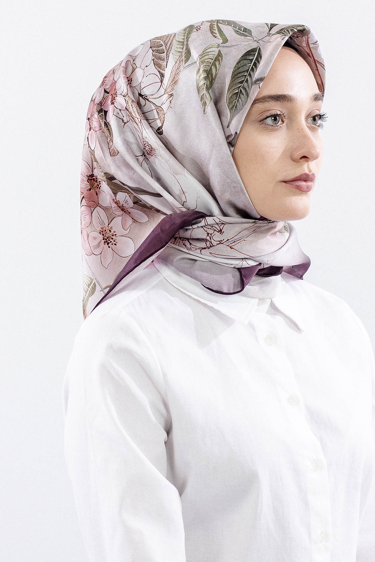 Dg14828 İpek Eşarp Cicek Dali Tvil Kumas - Murdum - 2