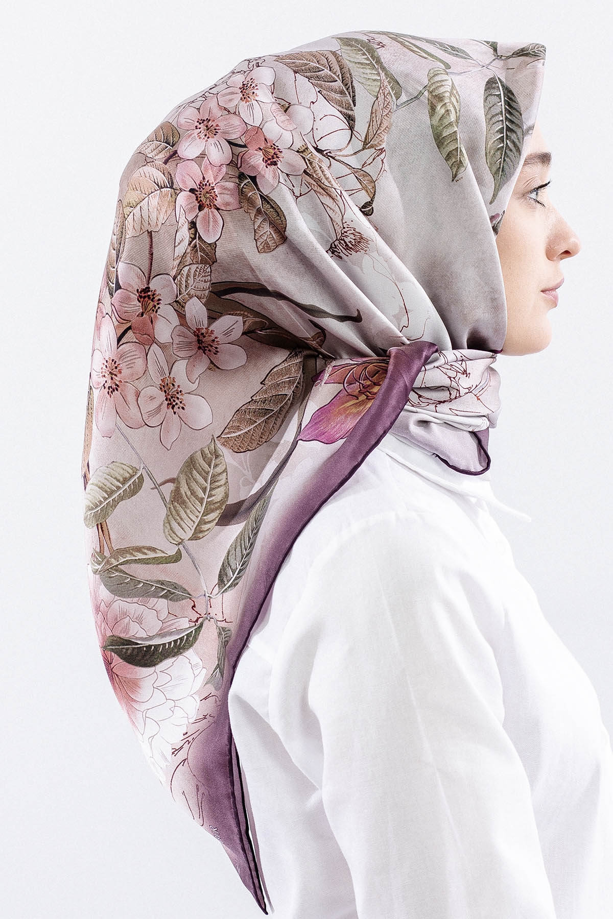 Dg14828 İpek Eşarp Cicek Dali Tvil Kumas - Murdum - 3