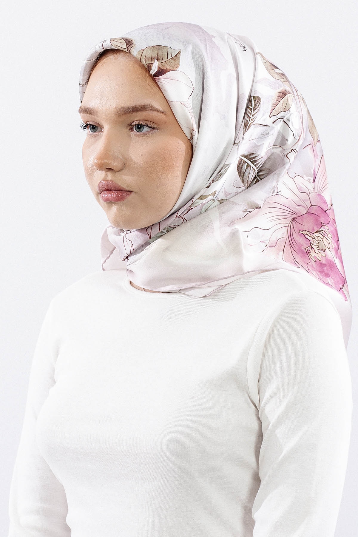 Dg14828 İpek Eşarp Cicek Dali Tvil Kumas - Pudra - 2