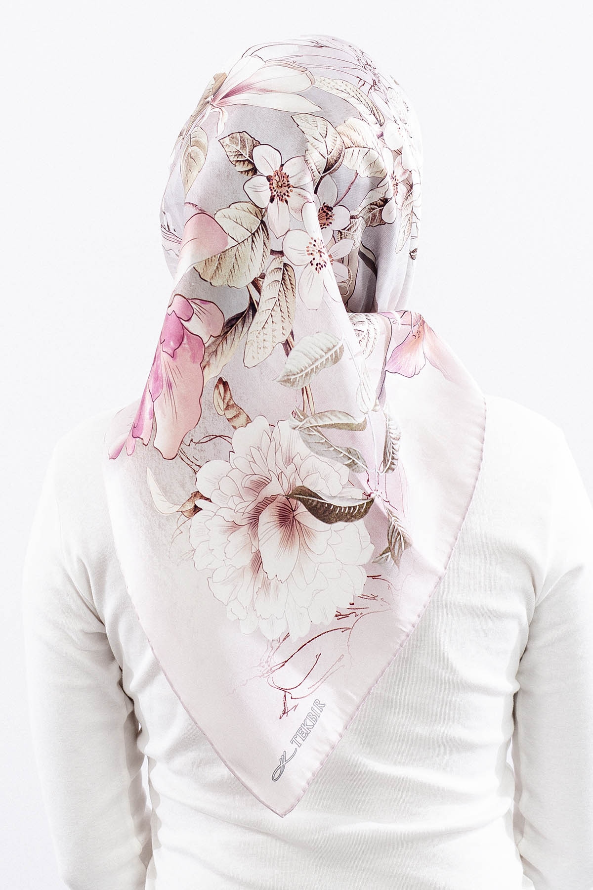 Dg14828 İpek Eşarp Cicek Dali Tvil Kumas - Pudra - 4