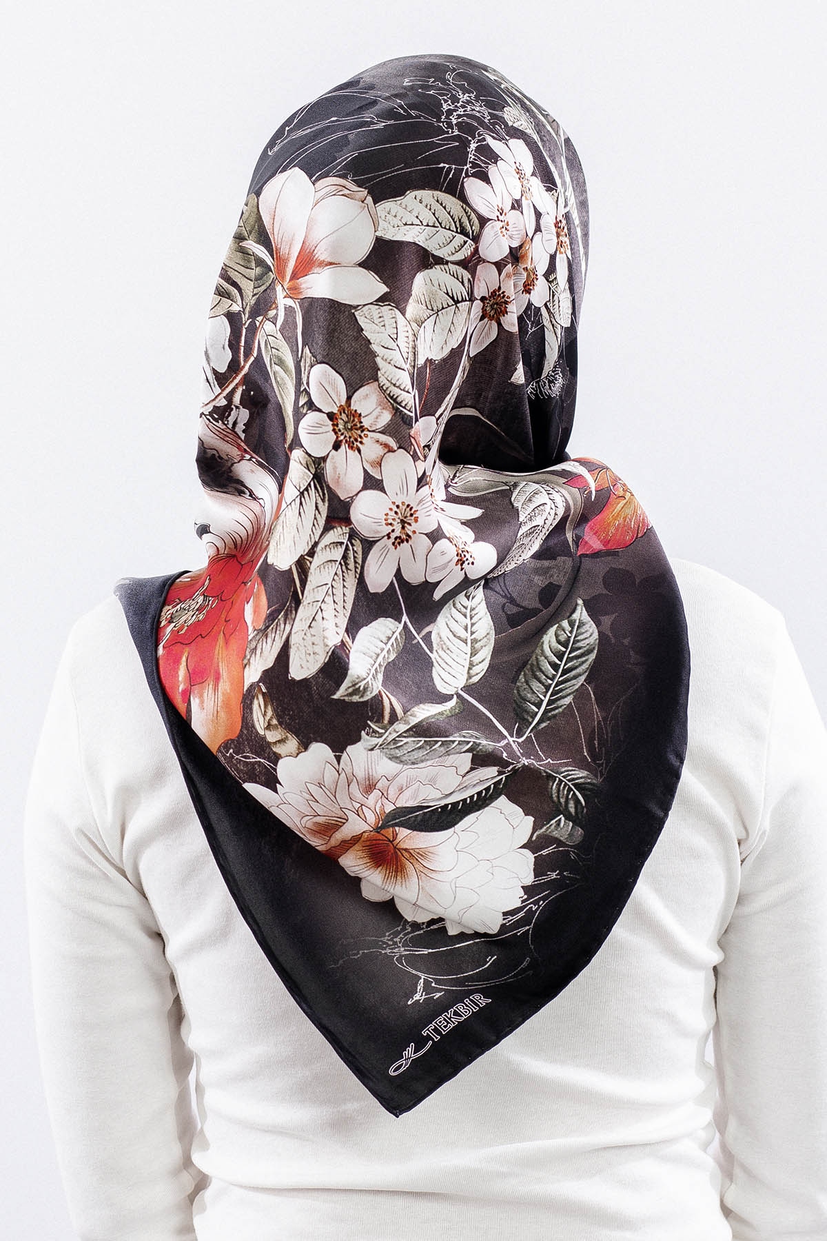 Dg14828 İpek Eşarp Cicek Dali Tvil Kumas - Siyah_kirmizi - 4