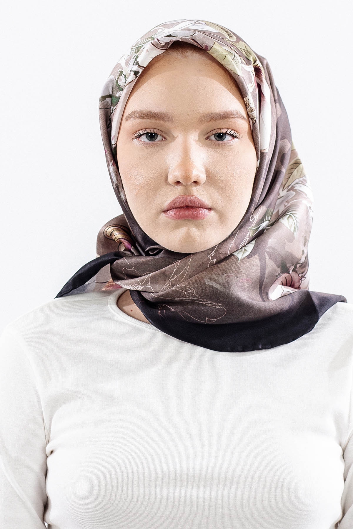 Dg14828 İpek Eşarp Cicek Dali Tvil Kumas - Siyah_visne - 1