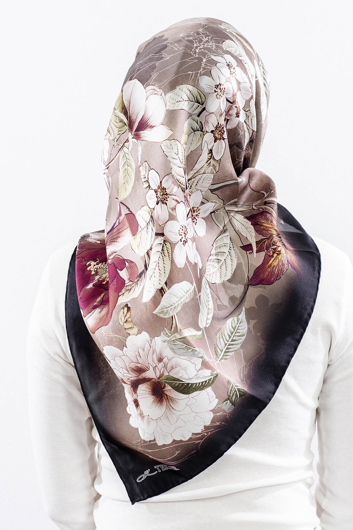 Dg14828 İpek Eşarp Cicek Dali Tvil Kumas - Siyah_visne - 4