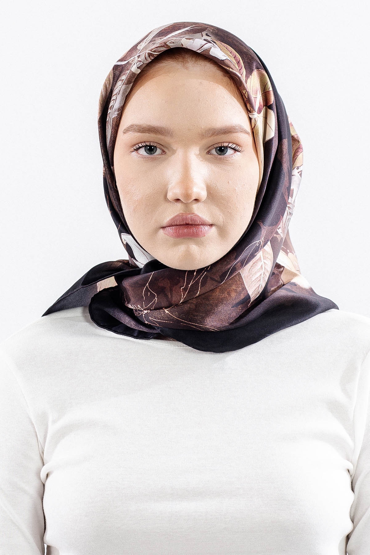 Dg14828 İpek Eşarp Cicek Dali Tvil Kumas - Vizon - 1