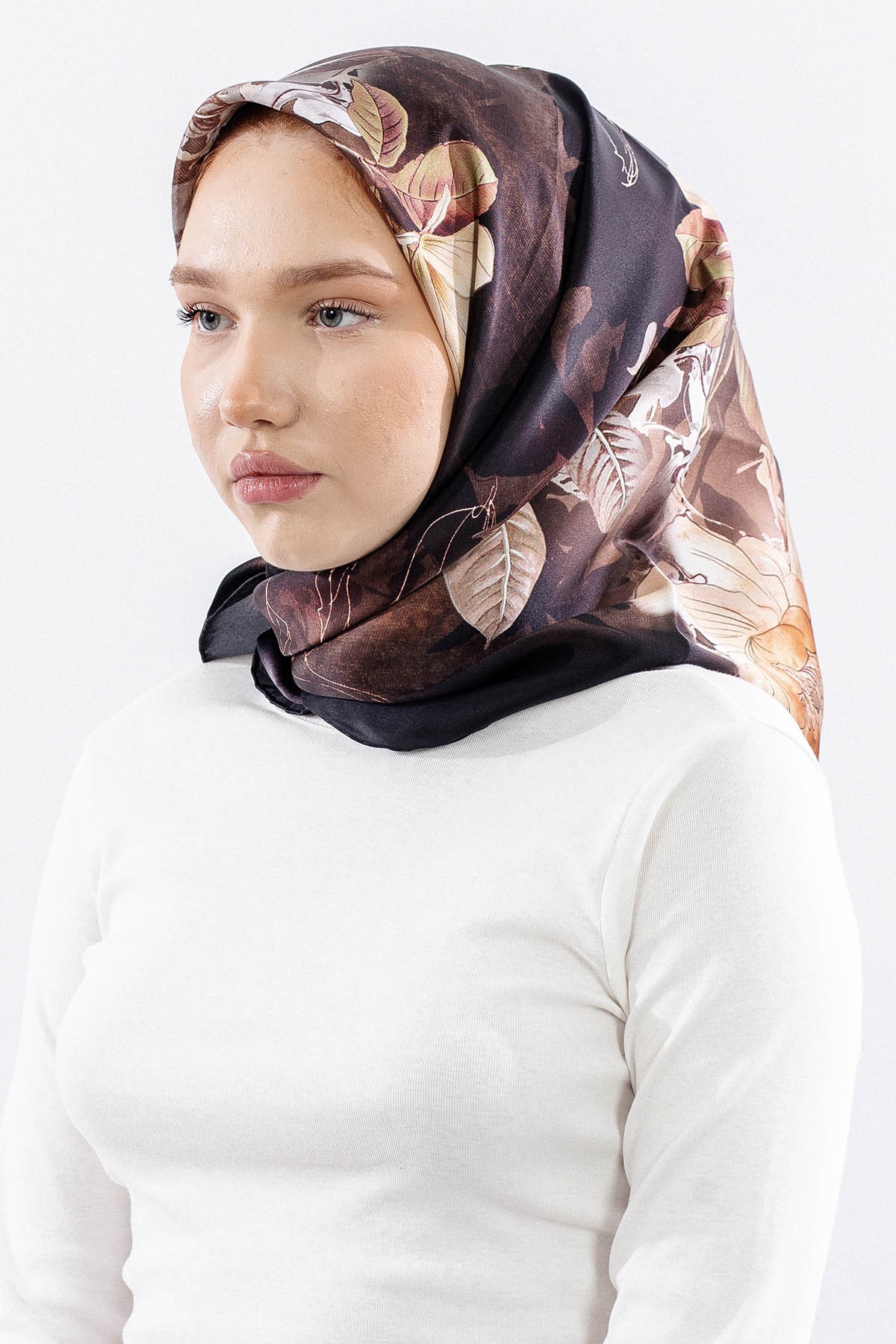 Dg14828 İpek Eşarp Cicek Dali Tvil Kumas - Vizon - 2