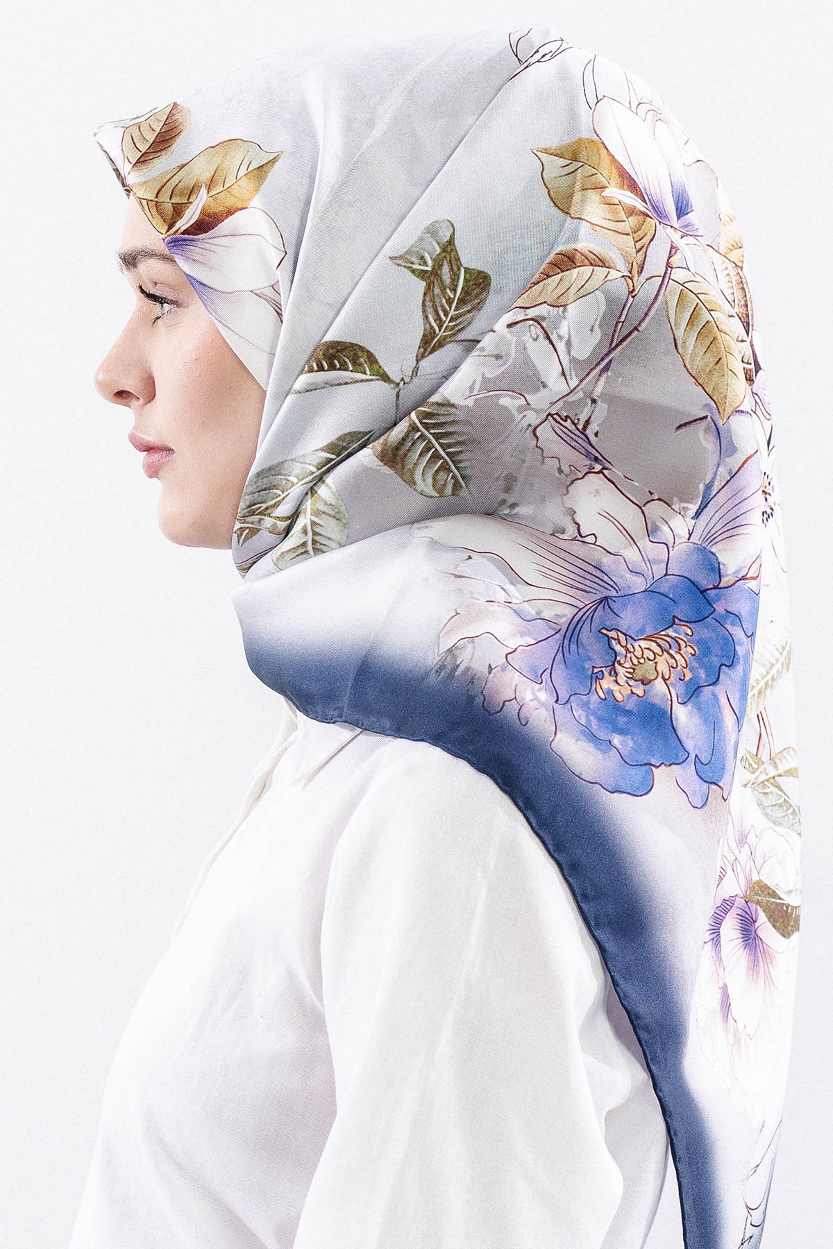 Dg14828 İpek Eşarp Sura Kumas Cicek Dali - Ekru_lacivert - 3