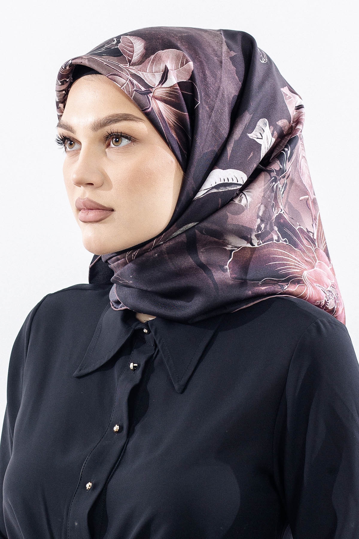 Dg14828 İpek Eşarp Sura Kumas Cicek Dali - Kahve - 2