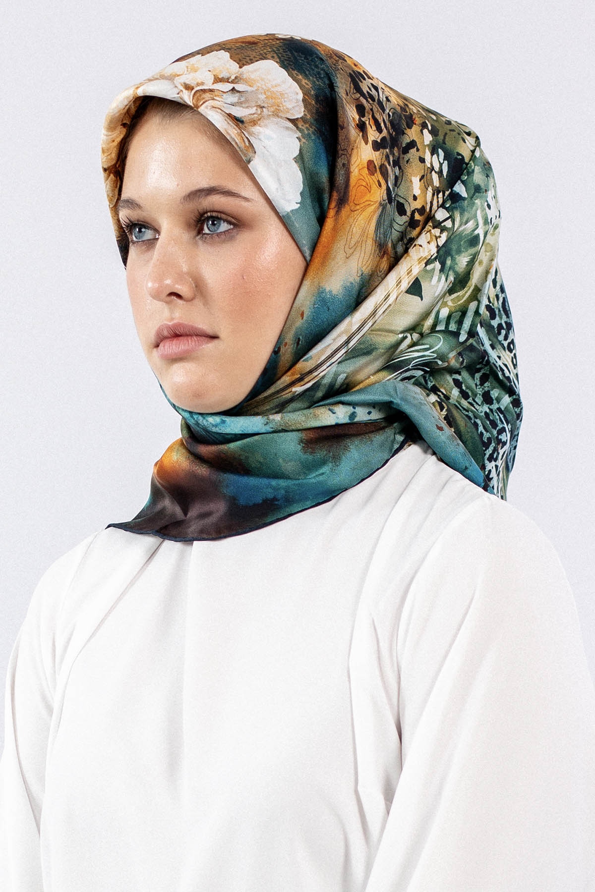 Dg7544 İpek Eşarp Tvil - Siyah_petrol - 1