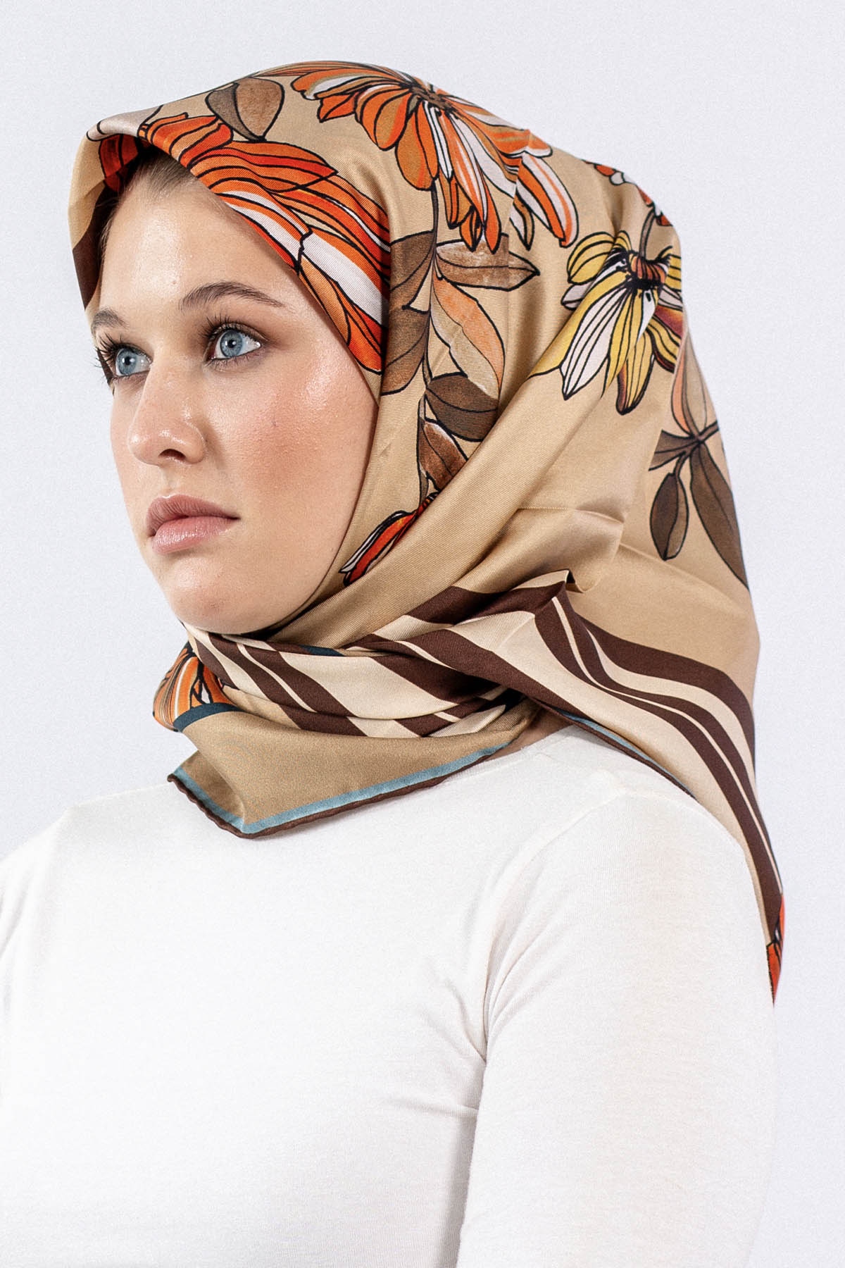 Dg7545 İpek Eşarp - Bej-lacivert - 1