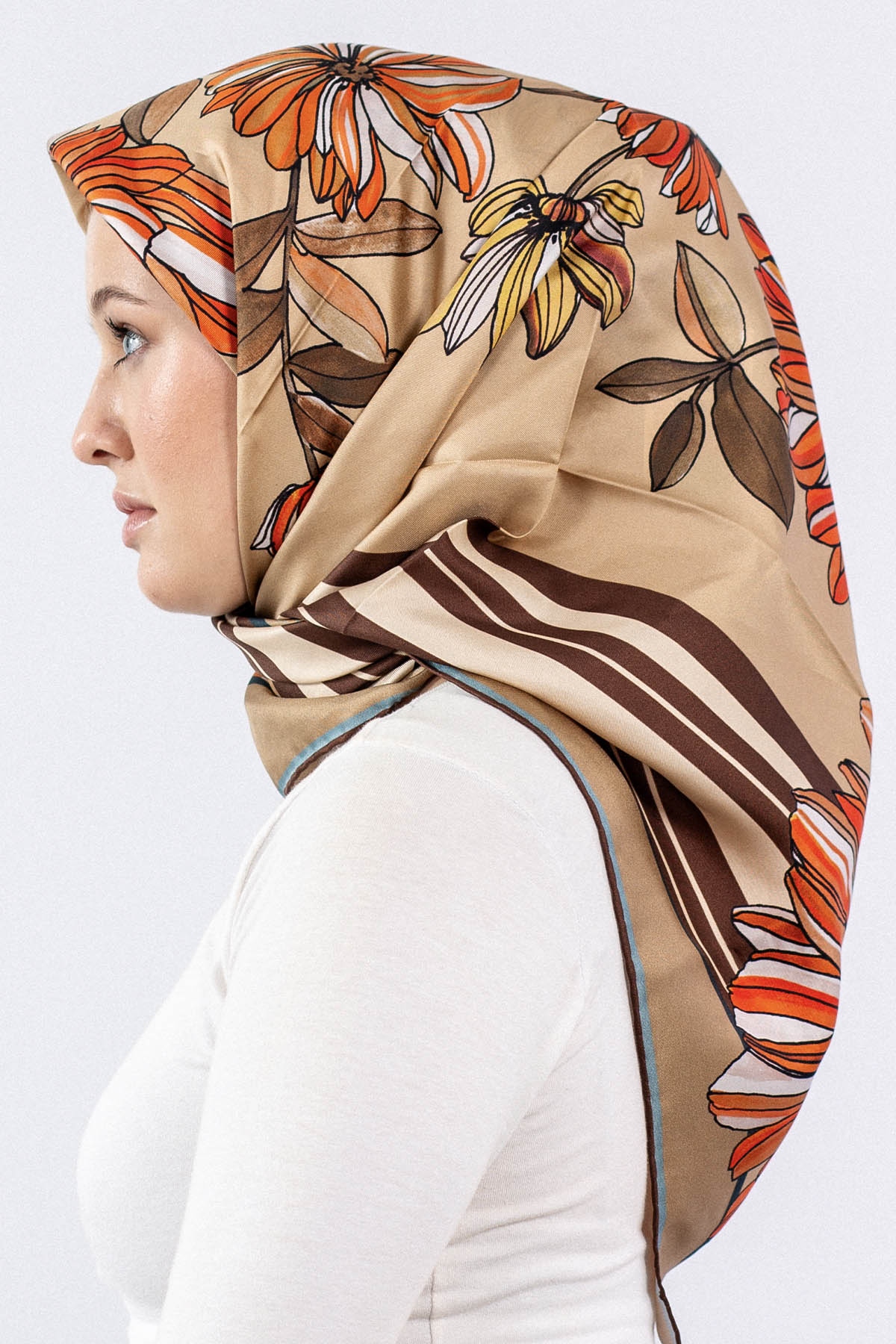 Dg7545 İpek Eşarp - Bej-lacivert - 2