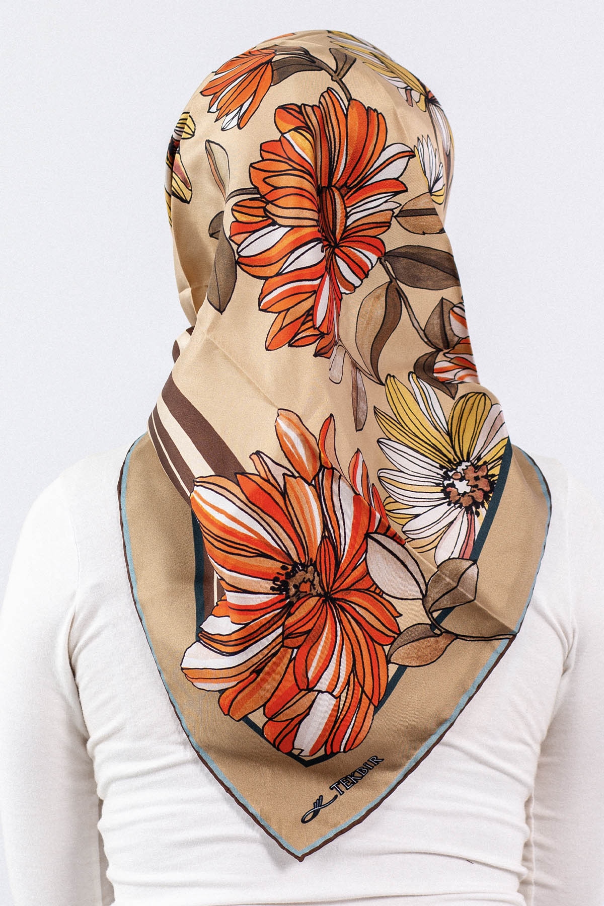 Dg7545 İpek Eşarp - Bej-lacivert - 3