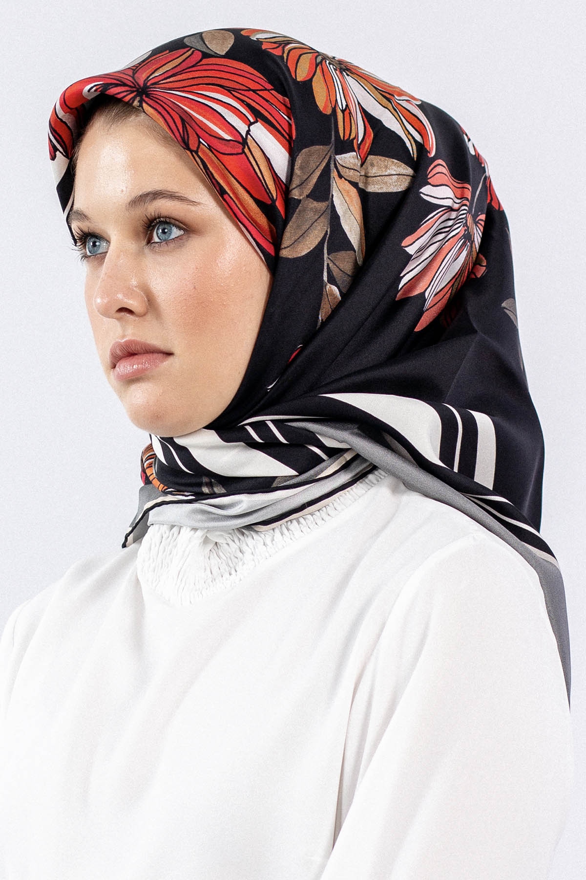 Dg7545 İpek Eşarp - Gri_kirmizi - 1