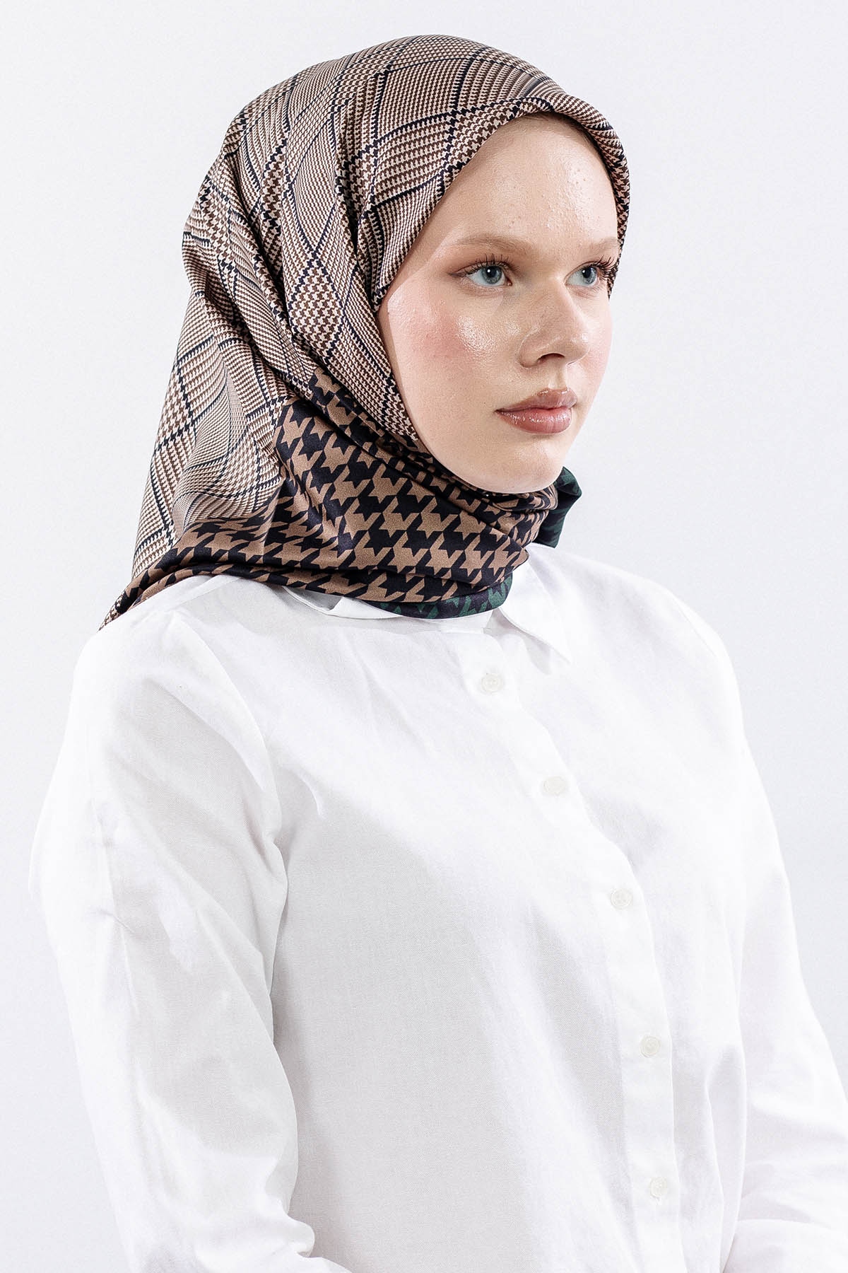 Dg7614 İpek Eşarp 90*90 Kazayagi Tvil - Bej_yesil - 2