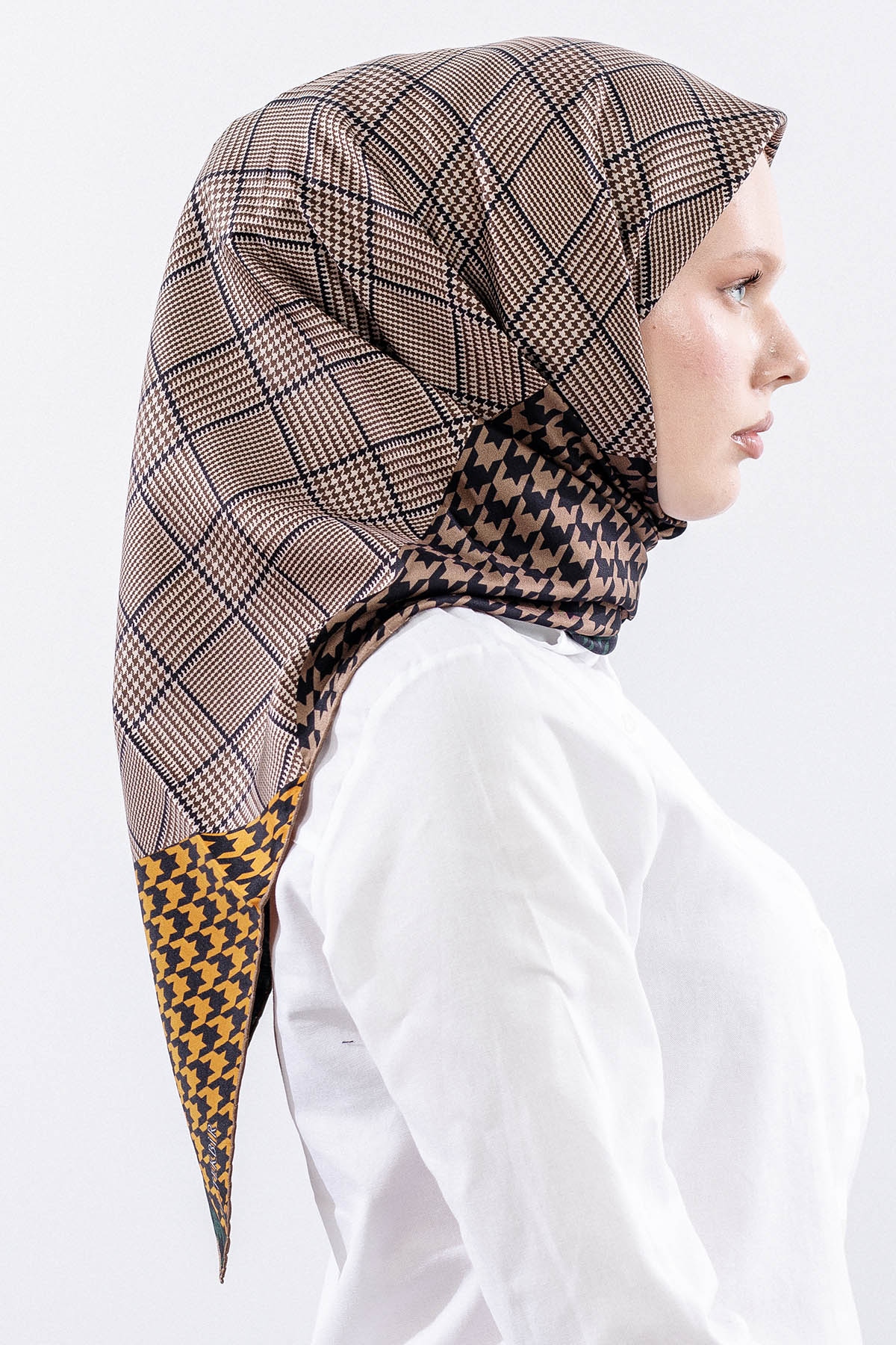 Dg7614 İpek Eşarp 90*90 Kazayagi Tvil - Bej_yesil - 3