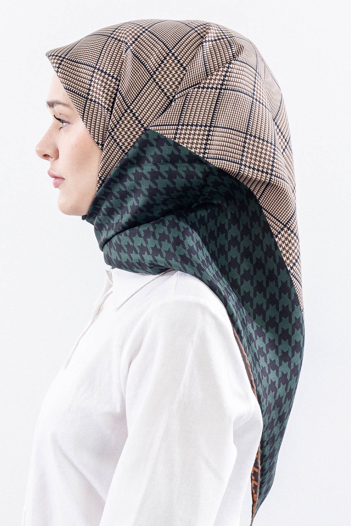 Dg7614 İpek Eşarp Kare Kazayagi Desen - Bej_yesil - 3