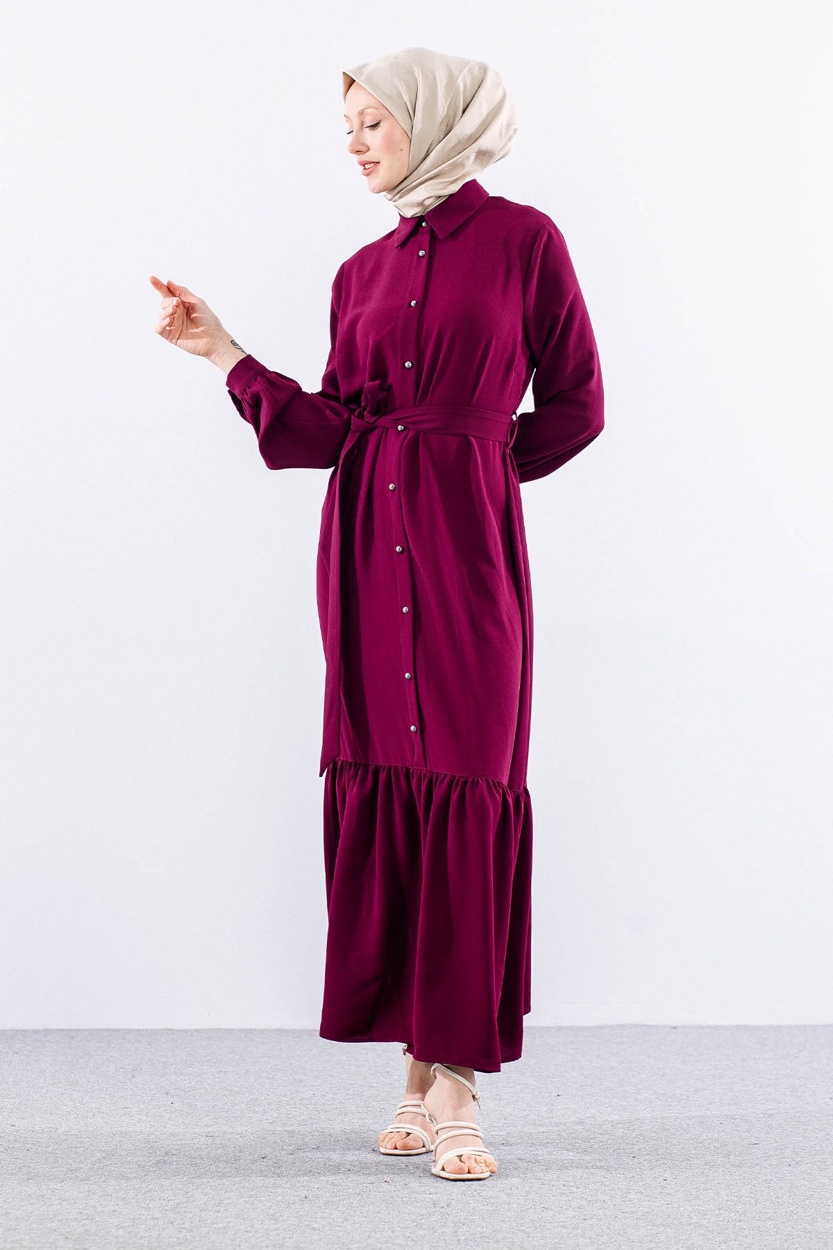 E-1421 Elbise 1-2-3 - Bordo - 3