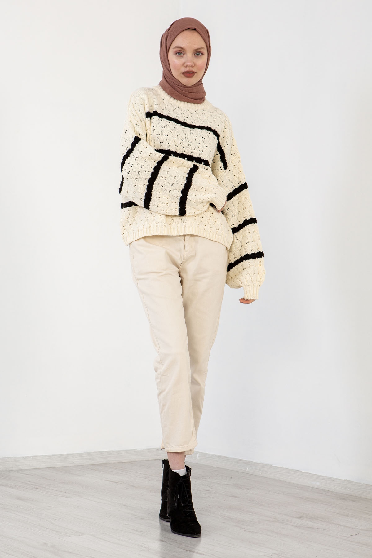 E 3354 örme Kazak Tek - Krem_siyah - 1