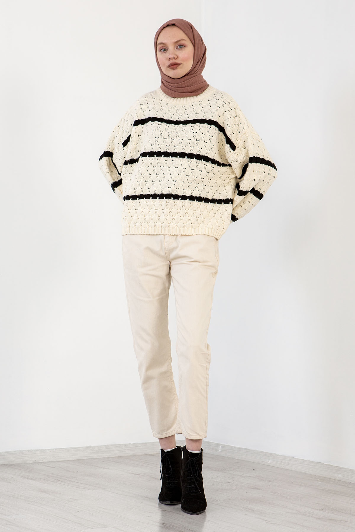 E 3354 örme Kazak Tek - Krem_siyah - 2