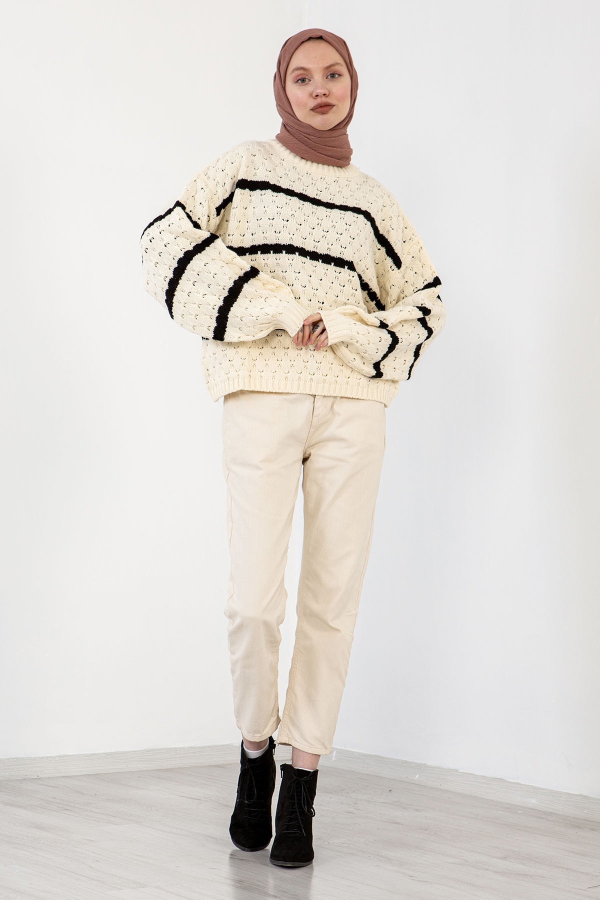 E 3354 örme Kazak Tek - Krem_siyah - 3