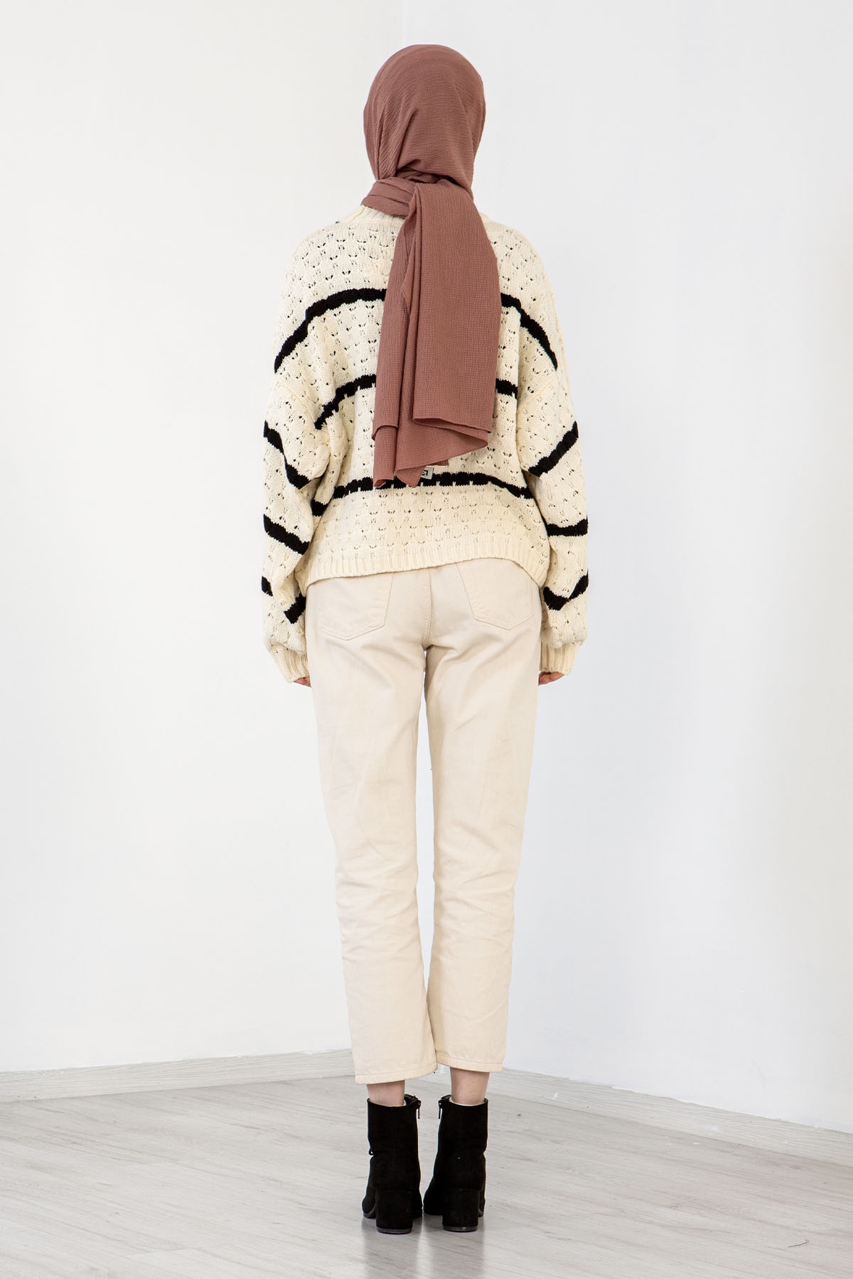 E 3354 örme Kazak Tek - Krem_siyah - 4