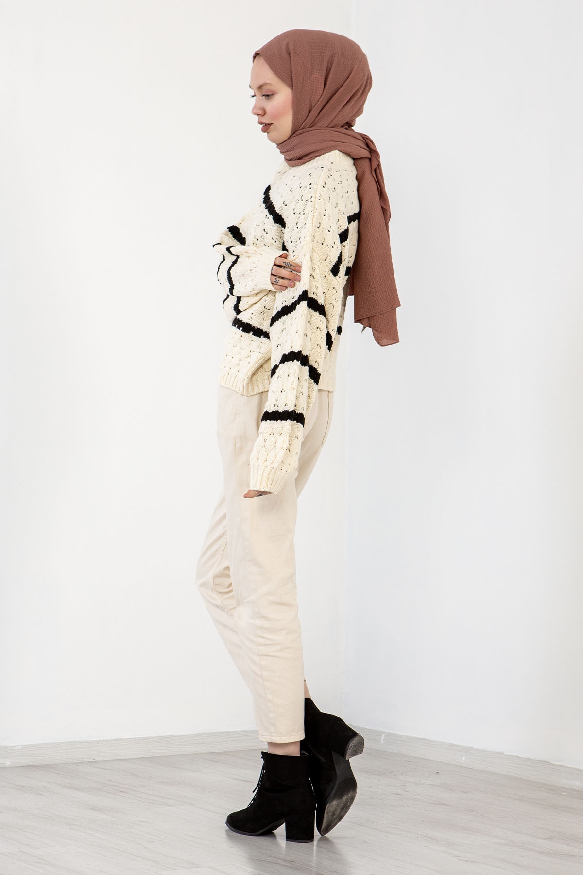 E 3354 örme Kazak Tek - Krem_siyah - 5