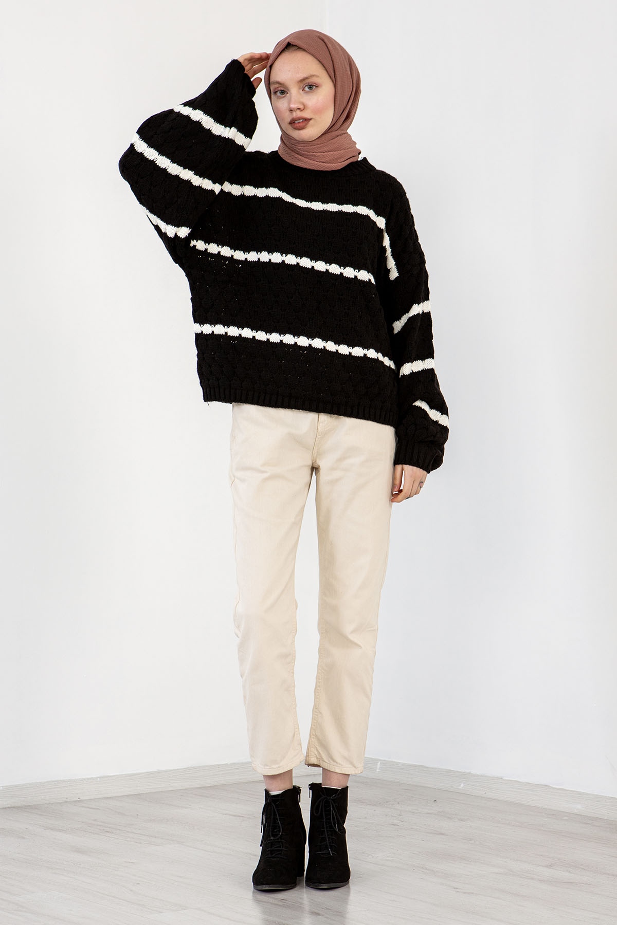 E 3354 örme Kazak Tek - Siyah - 1