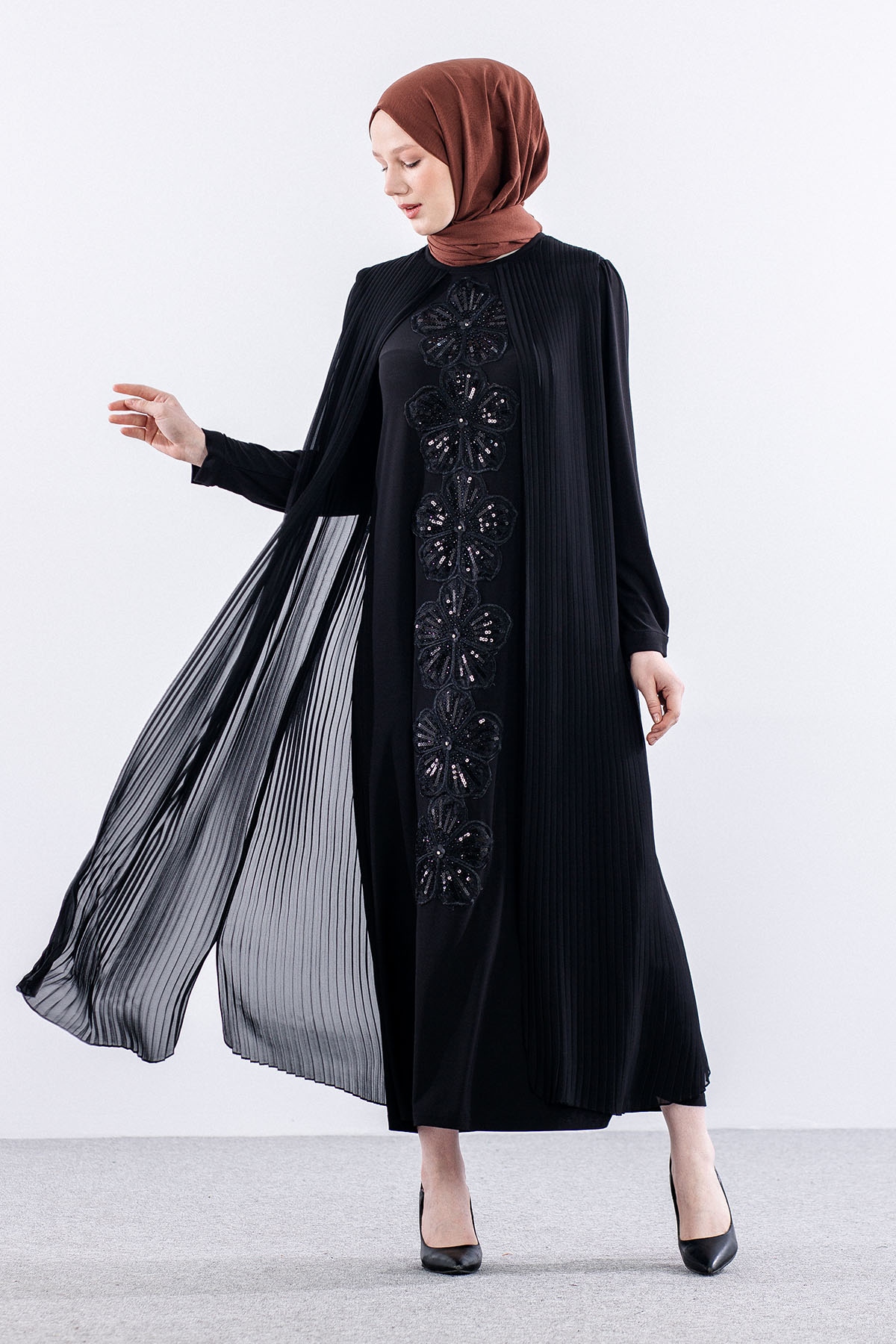 E470 Plise Elbise 1-6 - Siyah - 1
