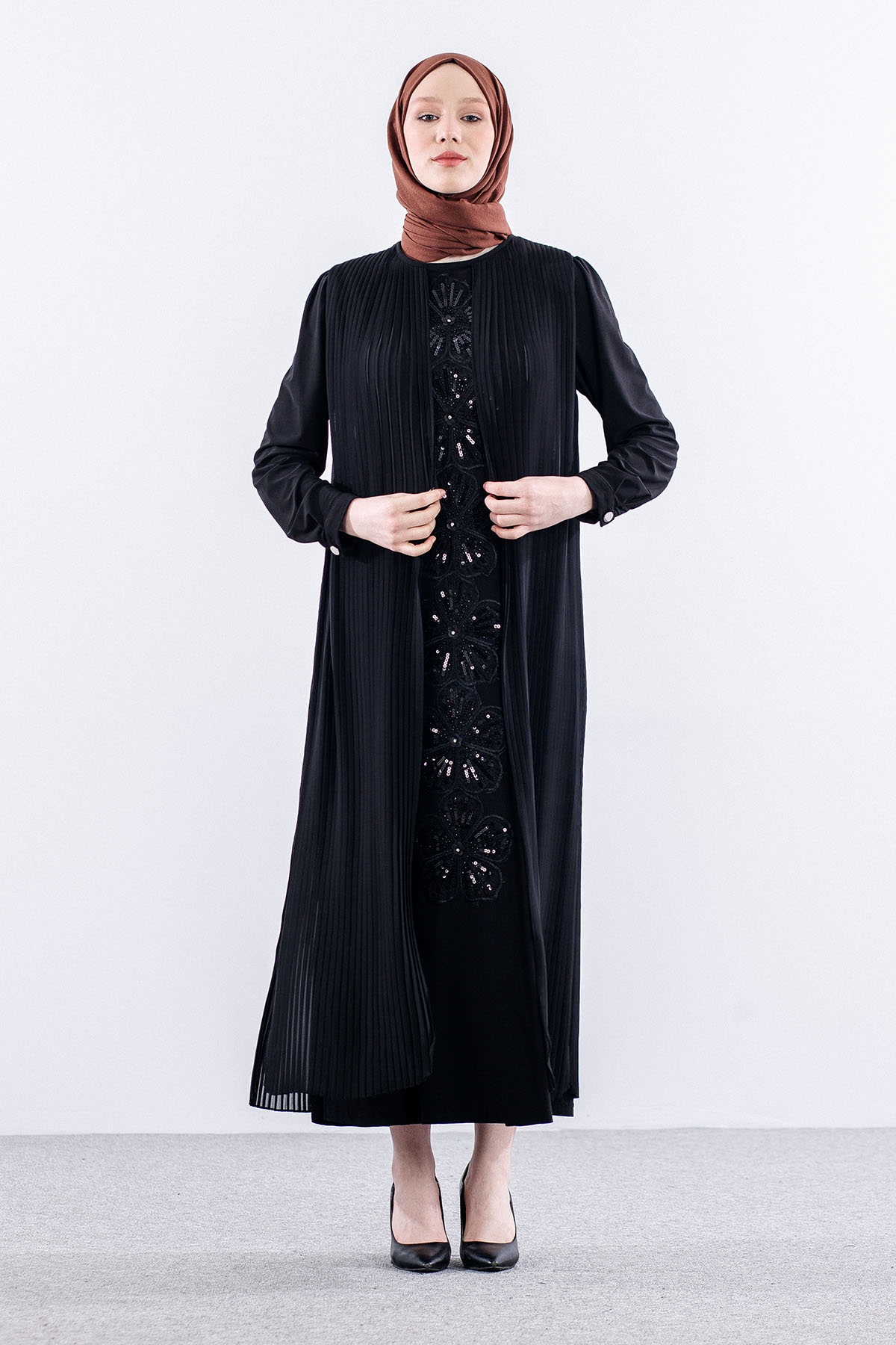 E470 Plise Elbise 1-6 - Siyah - 2