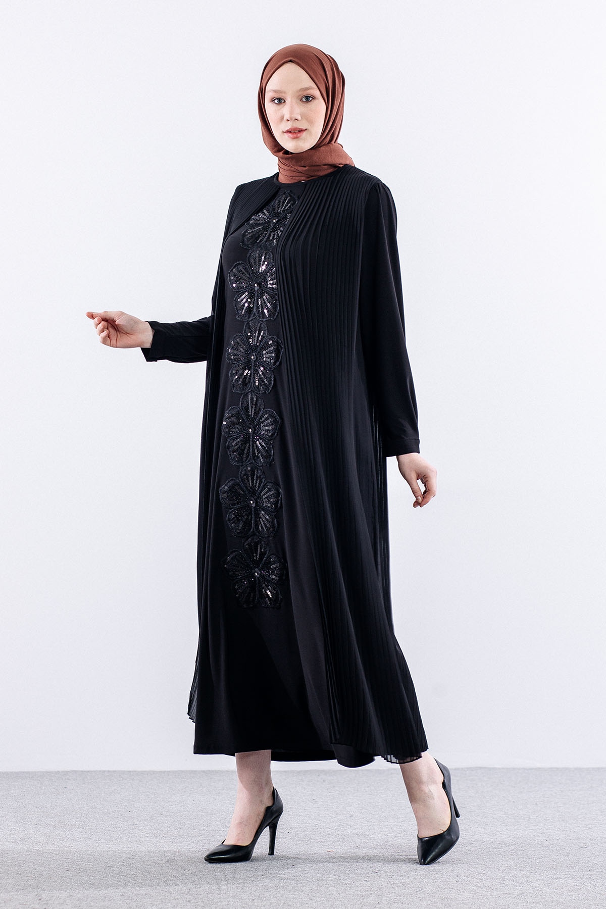 E470 Plise Elbise 1-6 - Siyah - 3