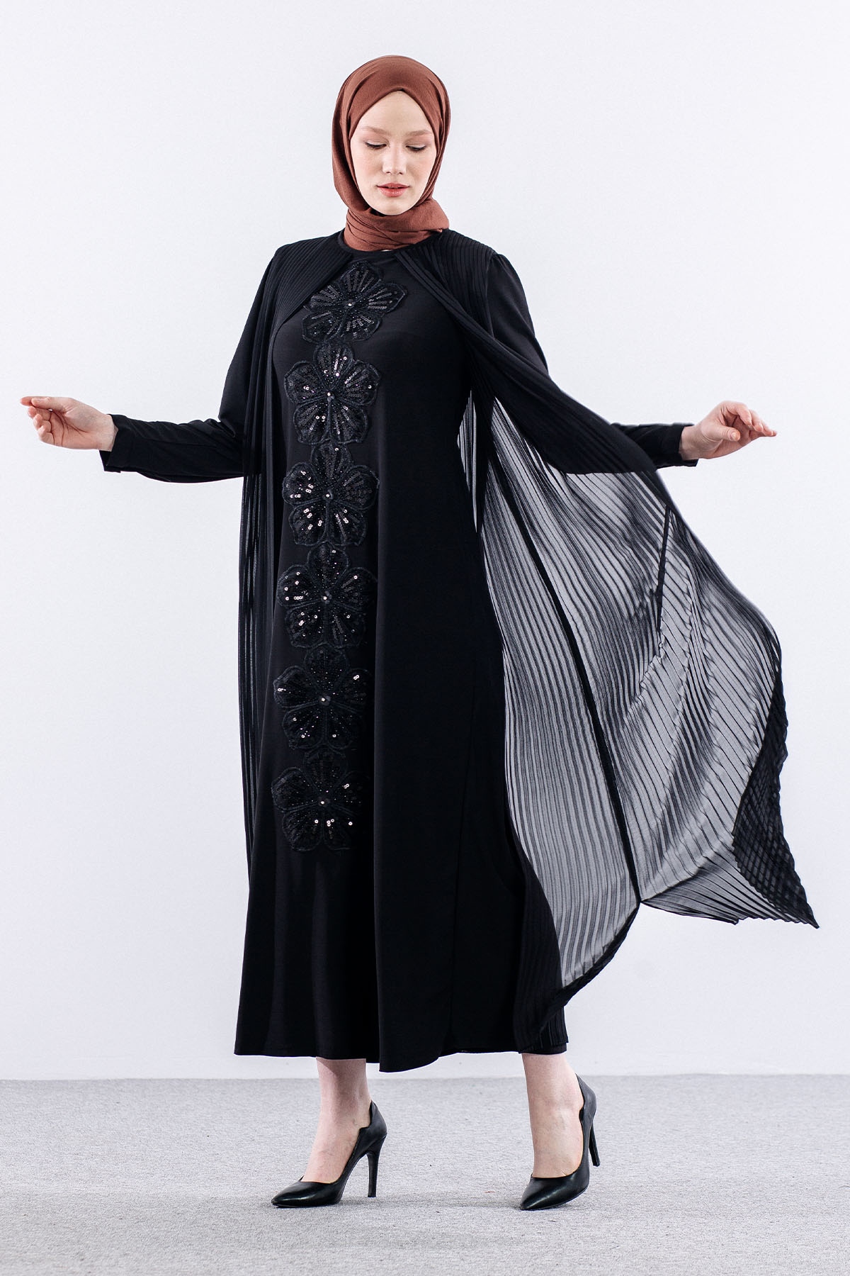 E470 Plise Elbise 1-6 - Siyah - 4