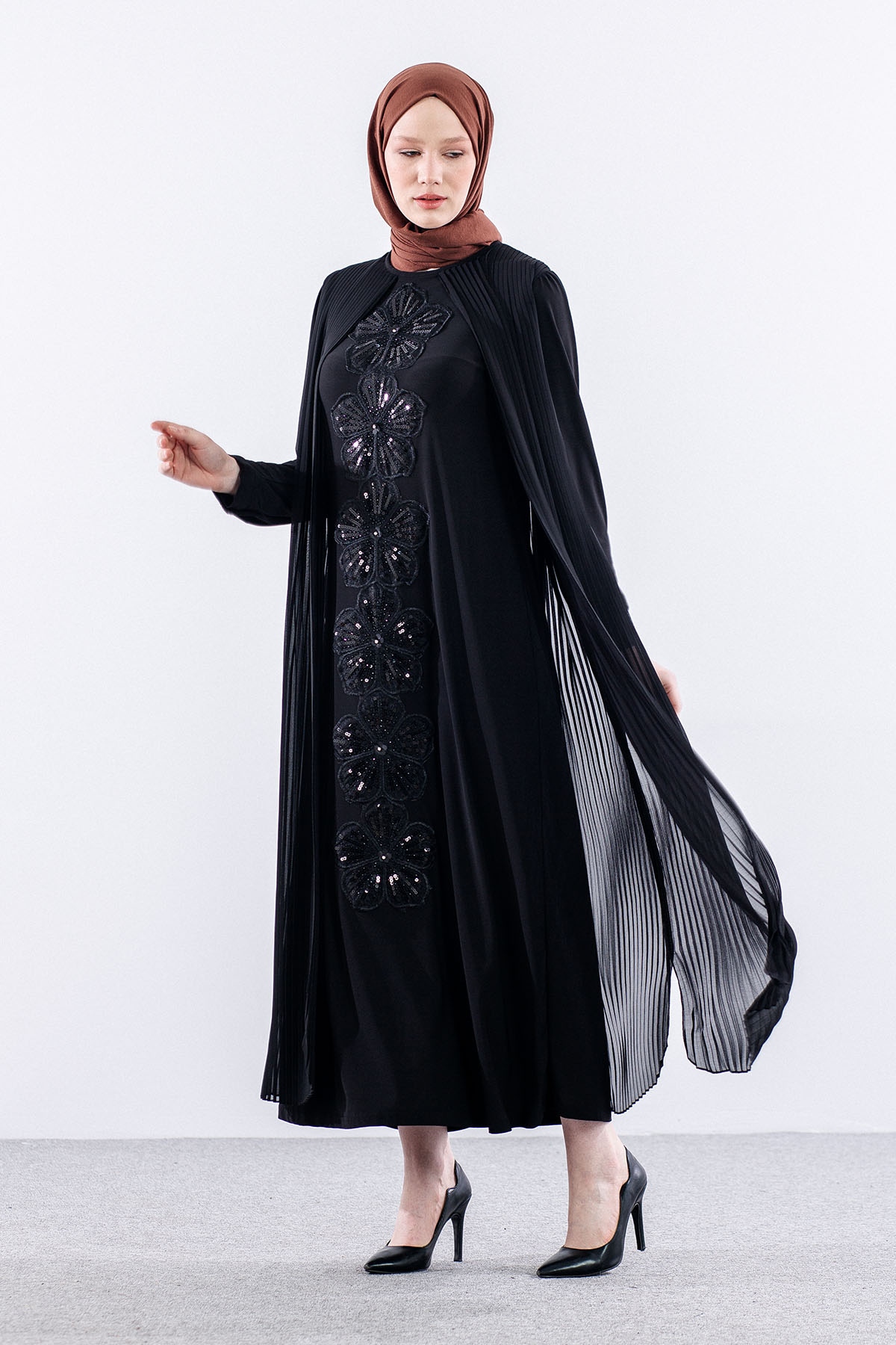 E470 Plise Elbise 1-6 - Siyah - 5