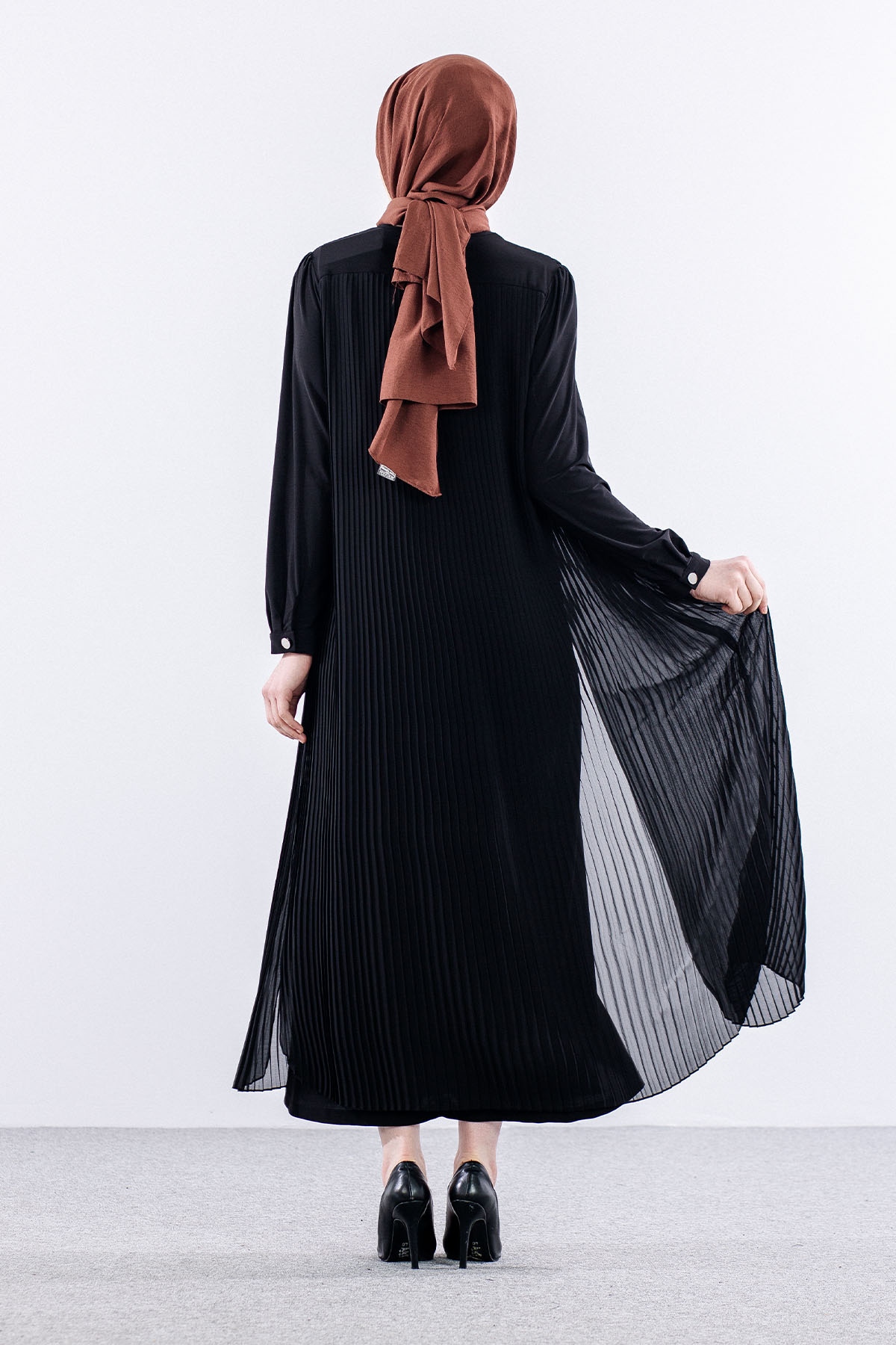 E470 Plise Elbise 1-6 - Siyah - 6