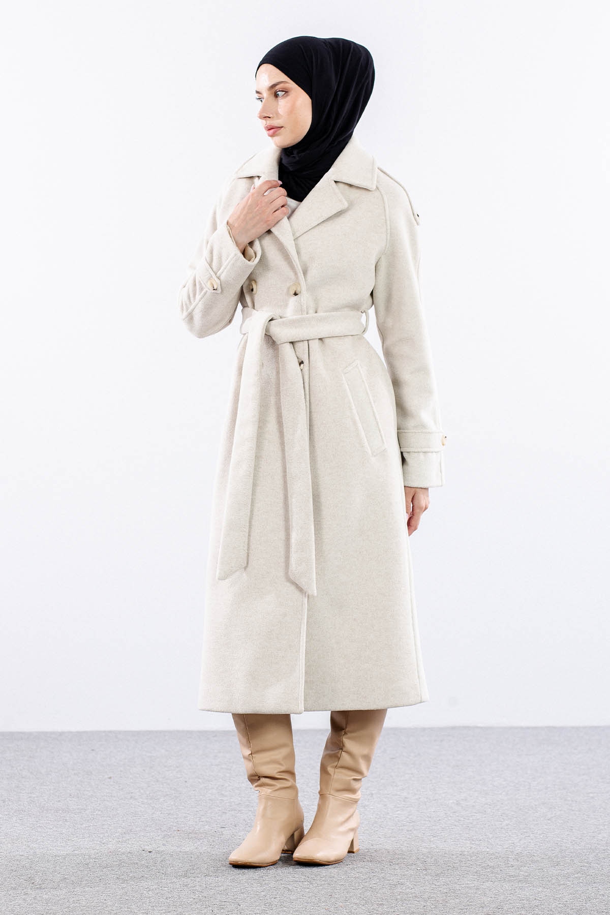 F-1265 Kaşe Kaban 38-48 Cıft Dugme Tek Aller - Ekru - 2