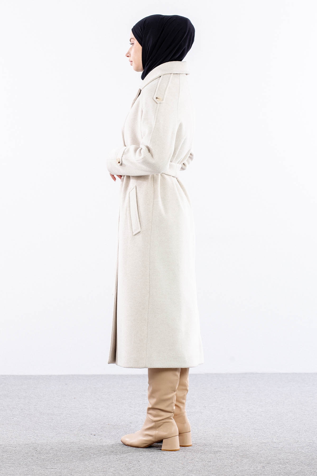 F-1265 Kaşe Kaban 38-48 Cıft Dugme Tek Aller - Ekru - 4