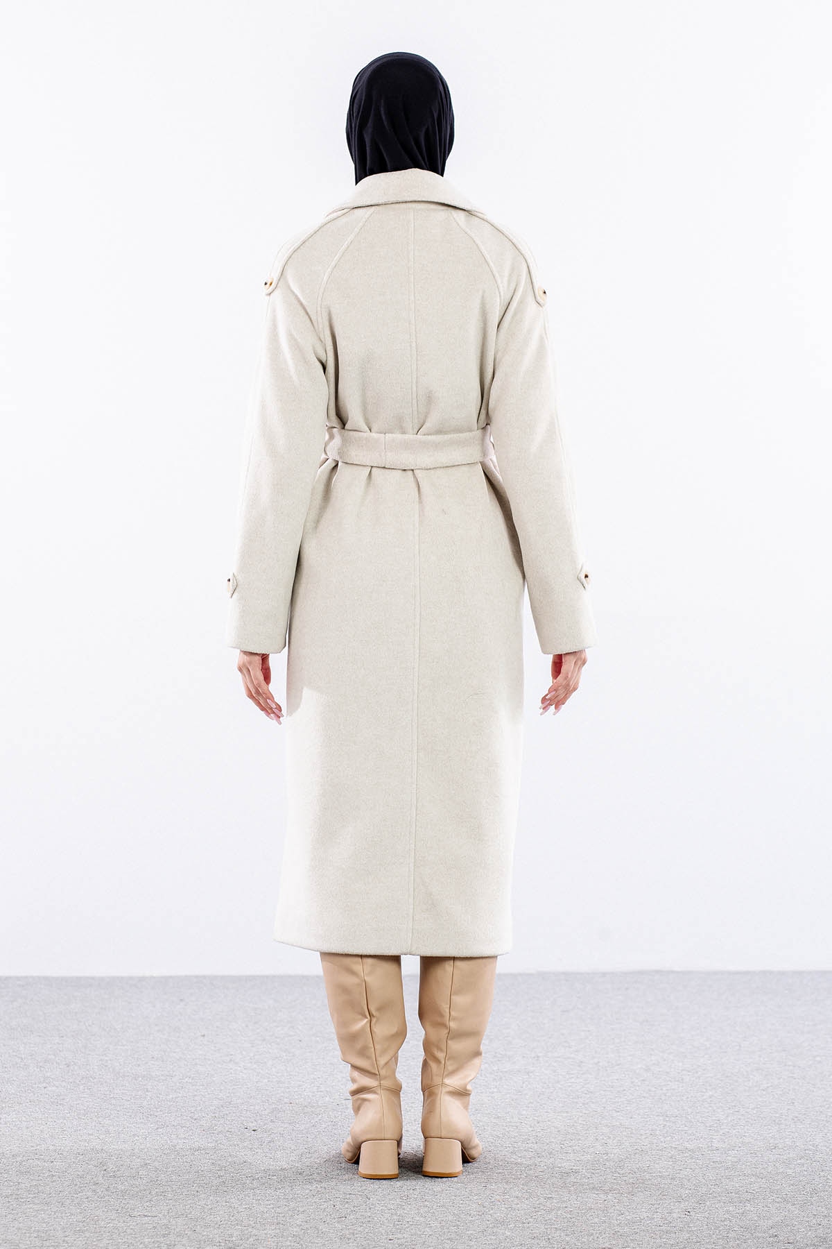 F-1265 Kaşe Kaban 38-48 Cıft Dugme Tek Aller - Ekru - 5