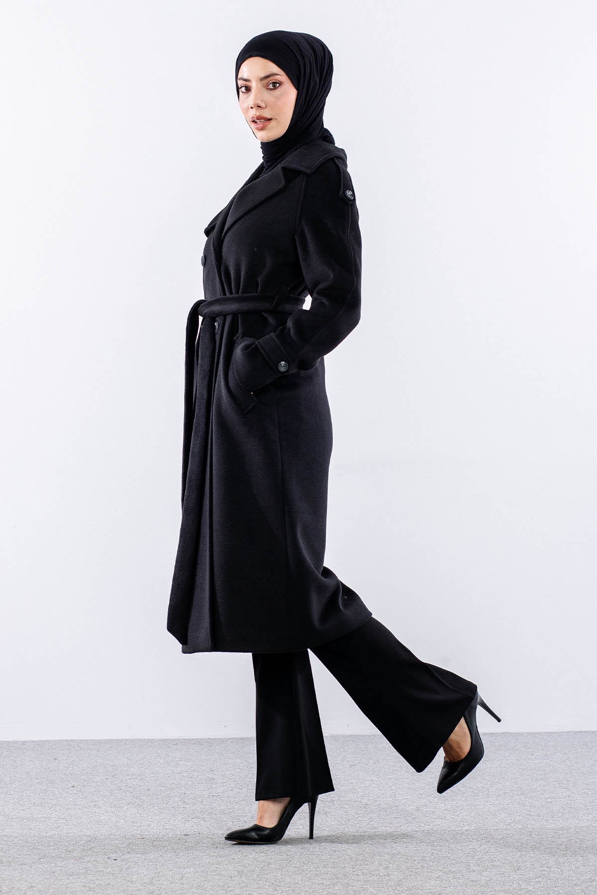 F-1265 Kaşe Kaban 38-48 Cıft Dugme Tek Aller - Siyah - 2