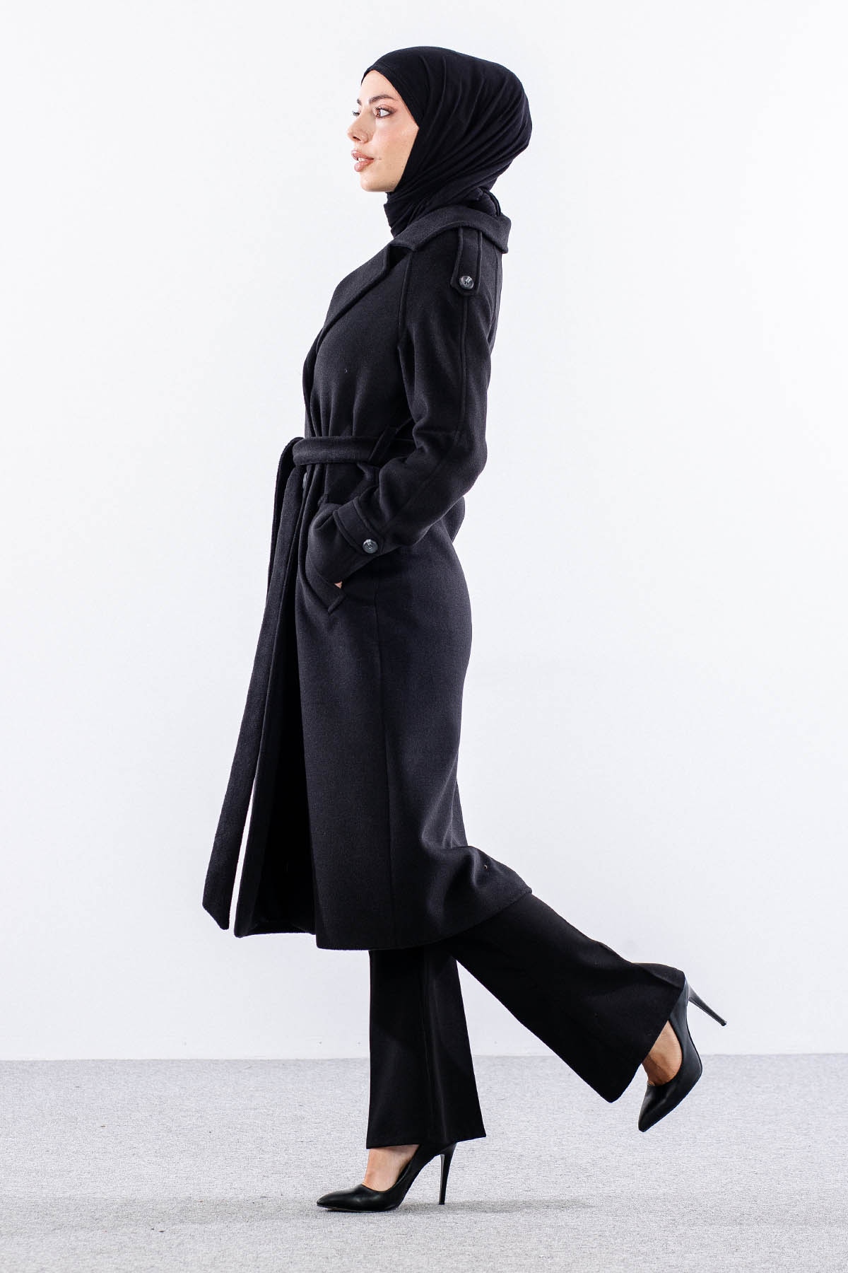 F-1265 Kaşe Kaban 38-48 Cıft Dugme Tek Aller - Siyah - 3