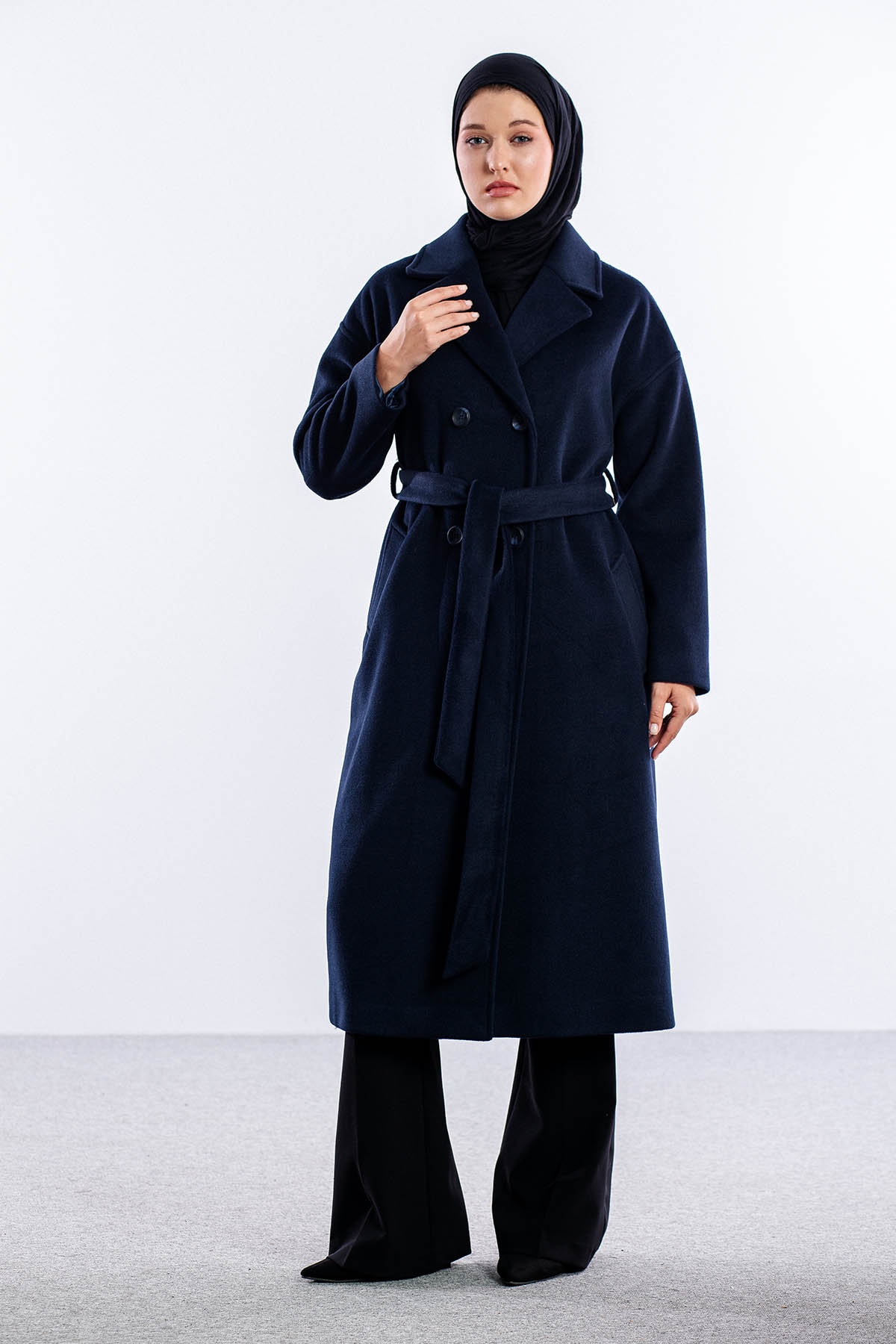 F-1455 Kaşe Kaban 38-48 - Lacivert - 1