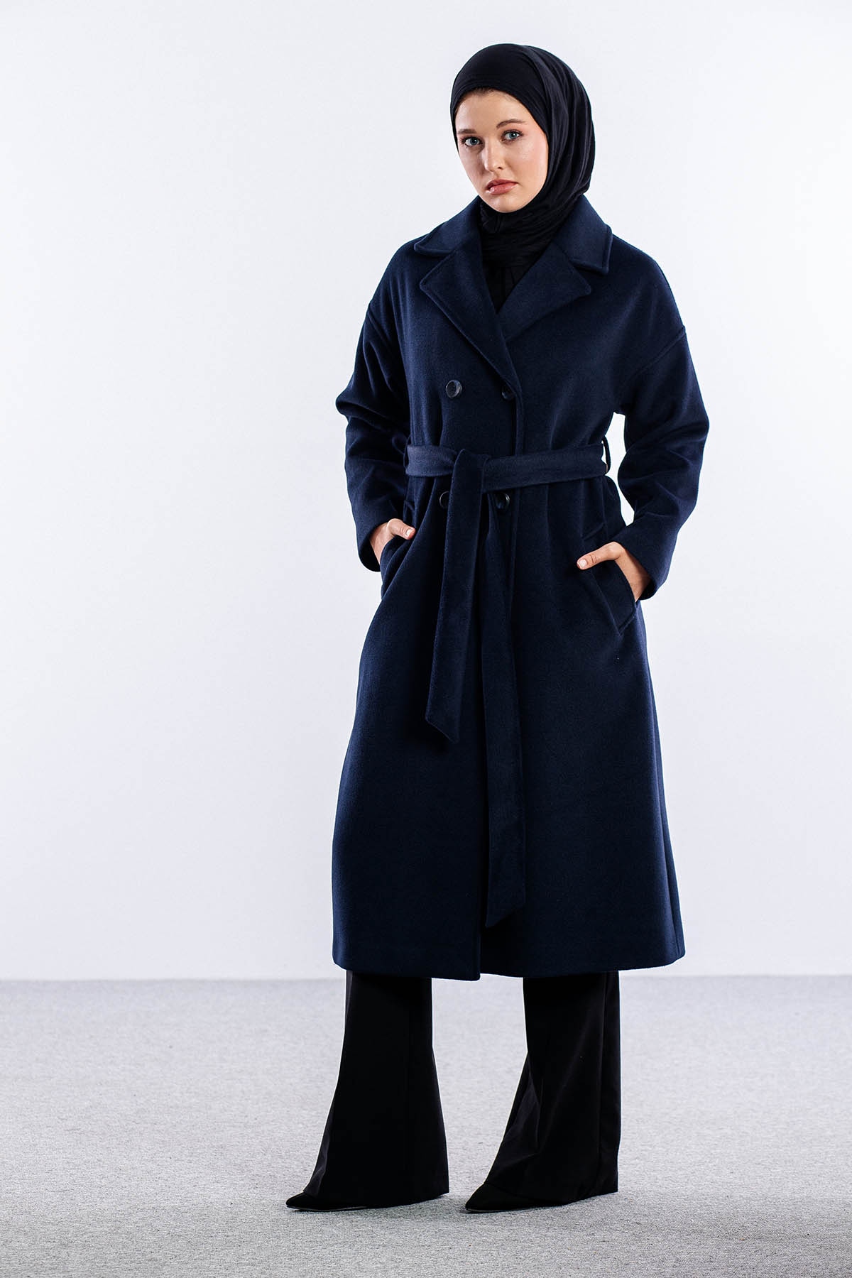 F-1455 Kaşe Kaban 38-48 - Lacivert - 2