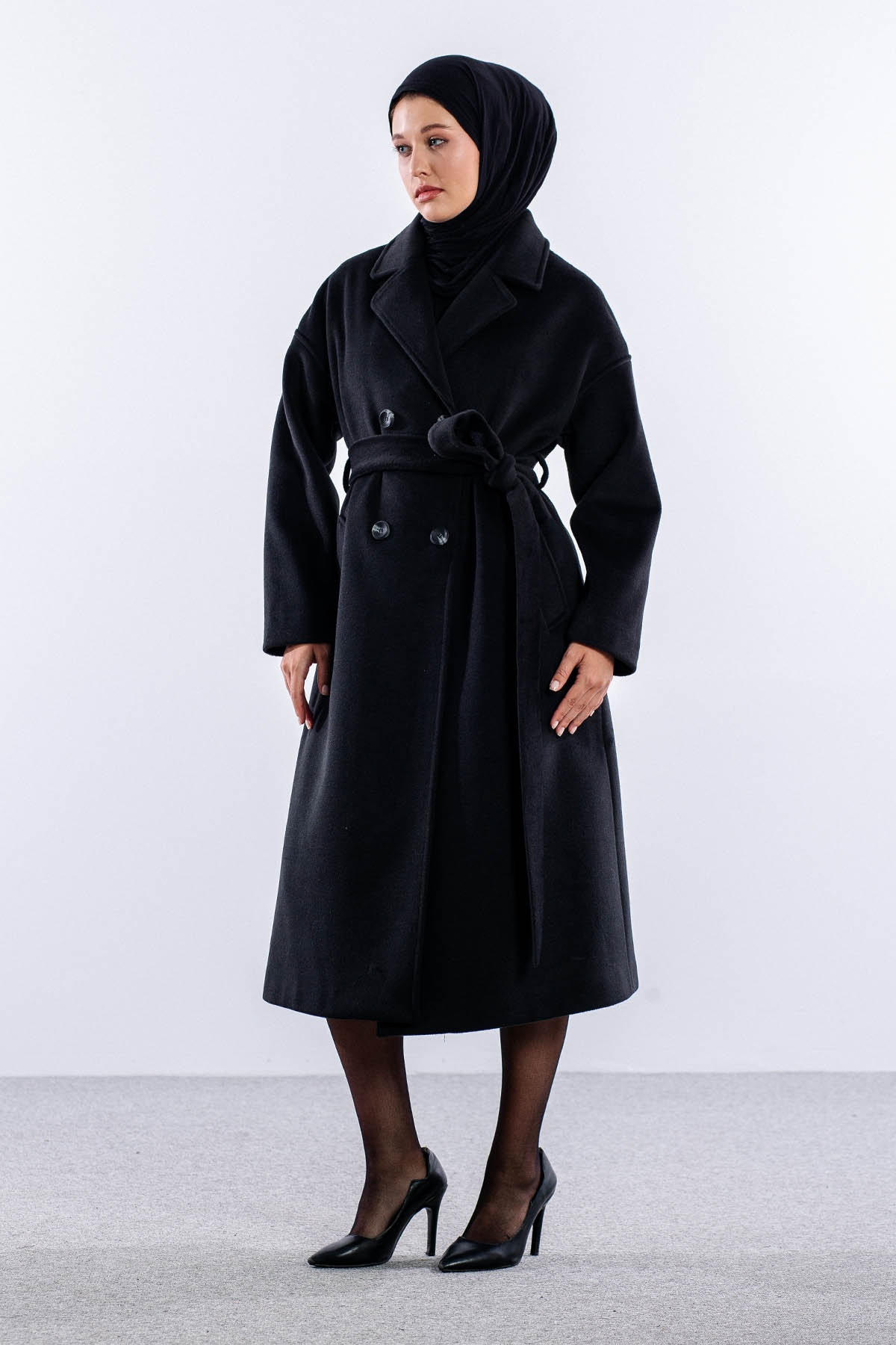 F-1455 Kaşe Kaban 38-48 - Siyah - 2