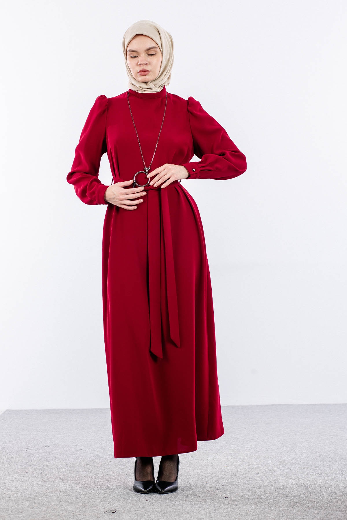 F-1504 Elbise 40-50 - Bordo - 3