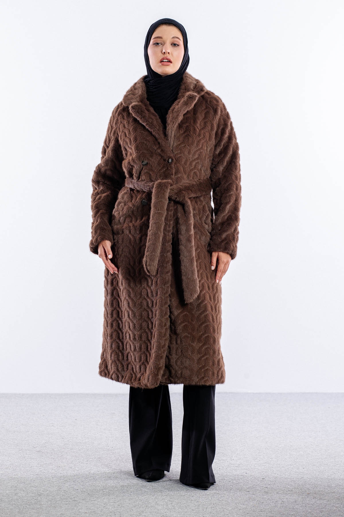 F-1571 Kürklü Kaban 38-48 - Kahve - 1