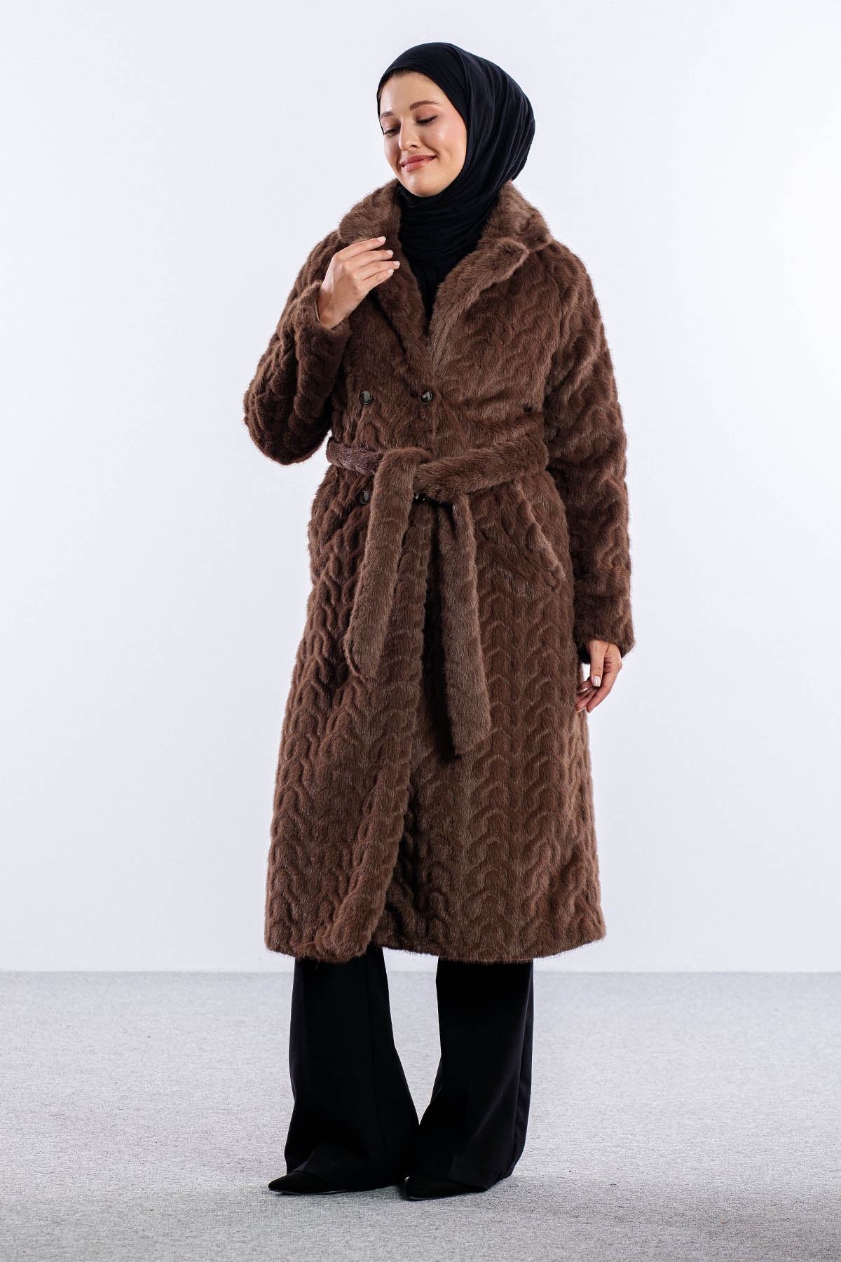 F-1571 Kürklü Kaban 38-48 - Kahve - 2