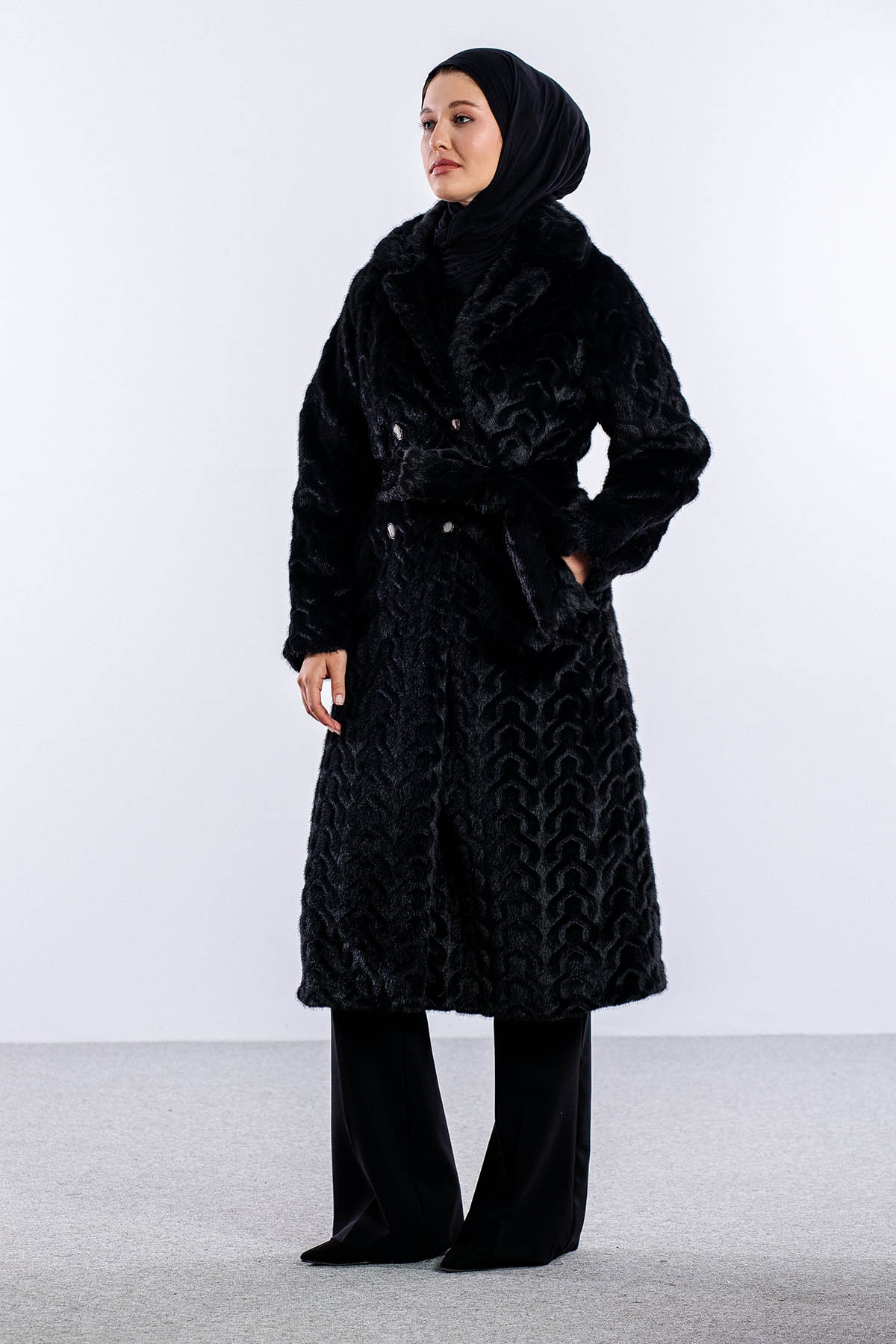 F-1571 Kürklü Kaban 38-48 - Siyah - 1