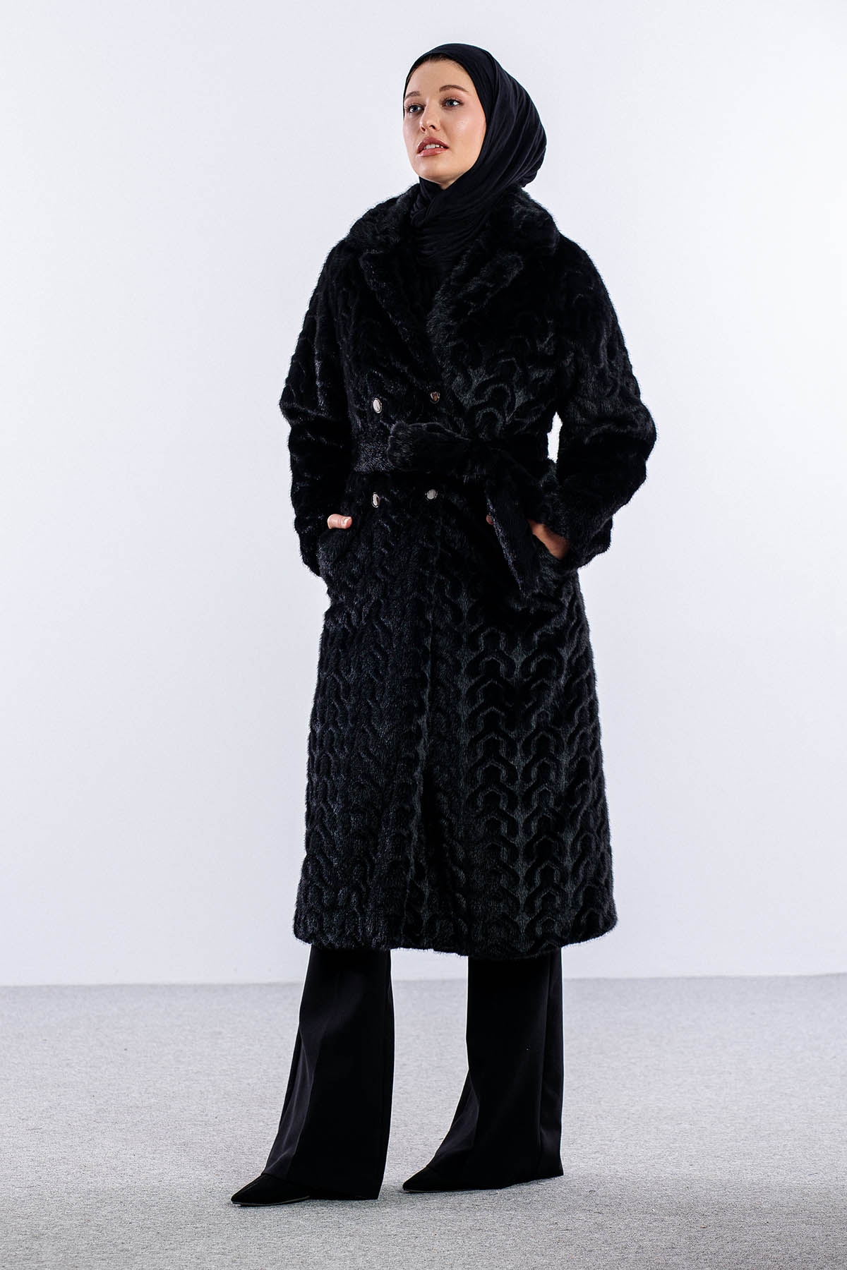 F-1571 Kürklü Kaban 38-48 - Siyah - 2