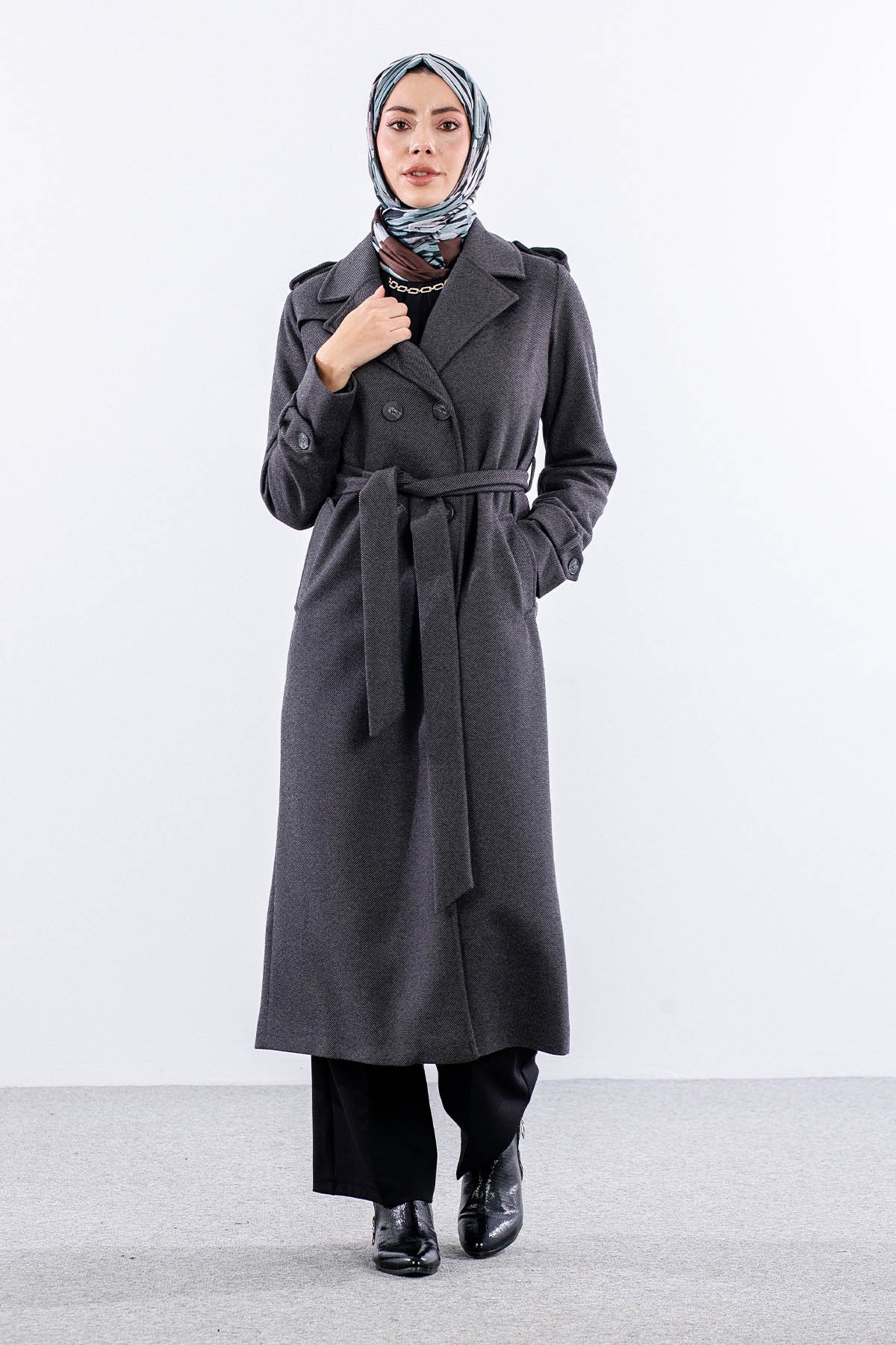 F-1572 Kaşe Kaban 38-48 Baliksirti - Fume - 1