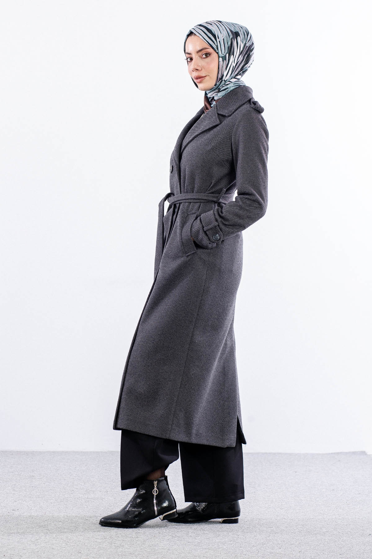 F-1572 Kaşe Kaban 38-48 Baliksirti - Fume - 3