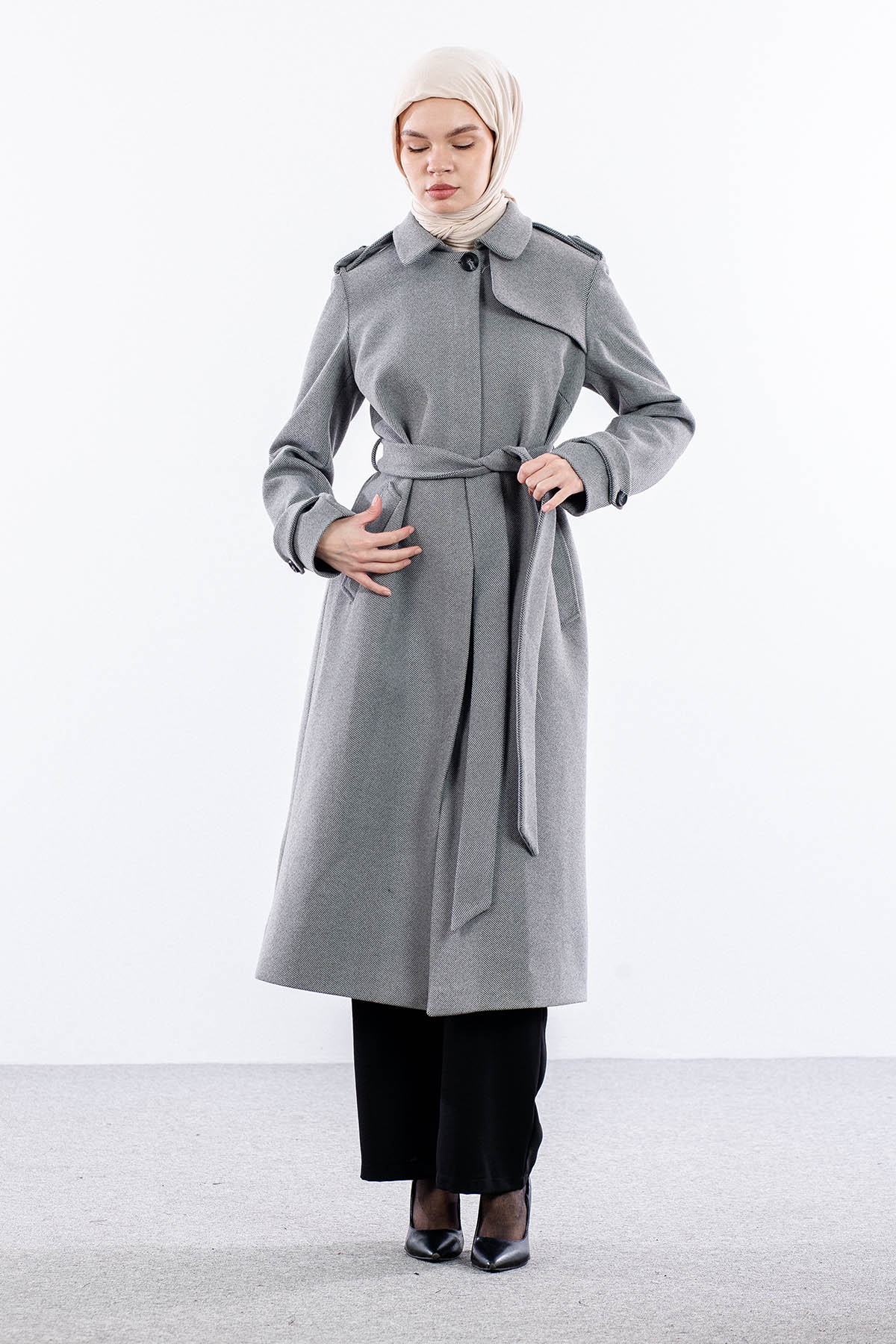 F-1586 Kaşe Kaban 38-48 Baliksirti Fermuarli - K_gri - 2